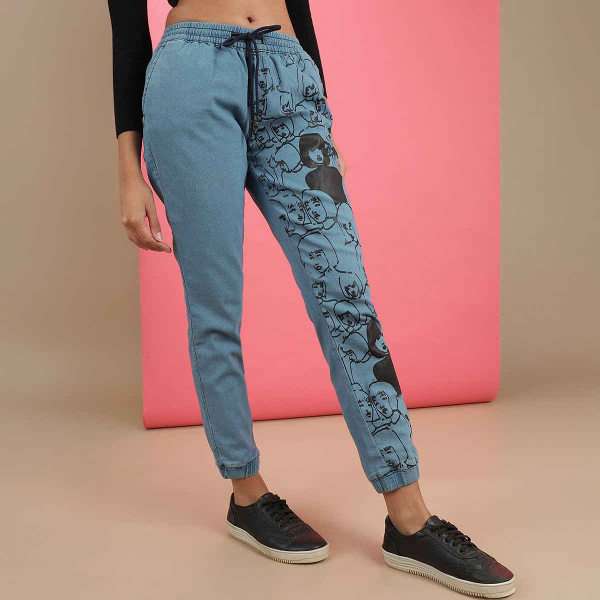 Freehand Women Casual Regular Light Blue Printed Denim Jogger 28 | 1221-Dnmjog-142