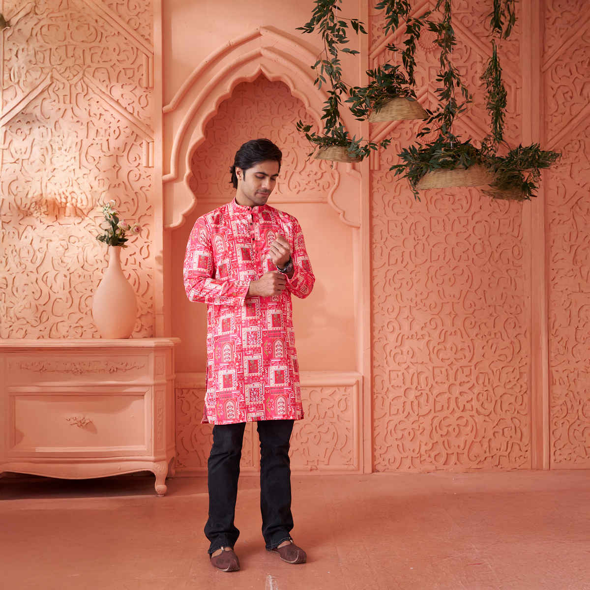 House Of Festivals Men's Printed Cotton Blend Long Kurta | Pink -XL