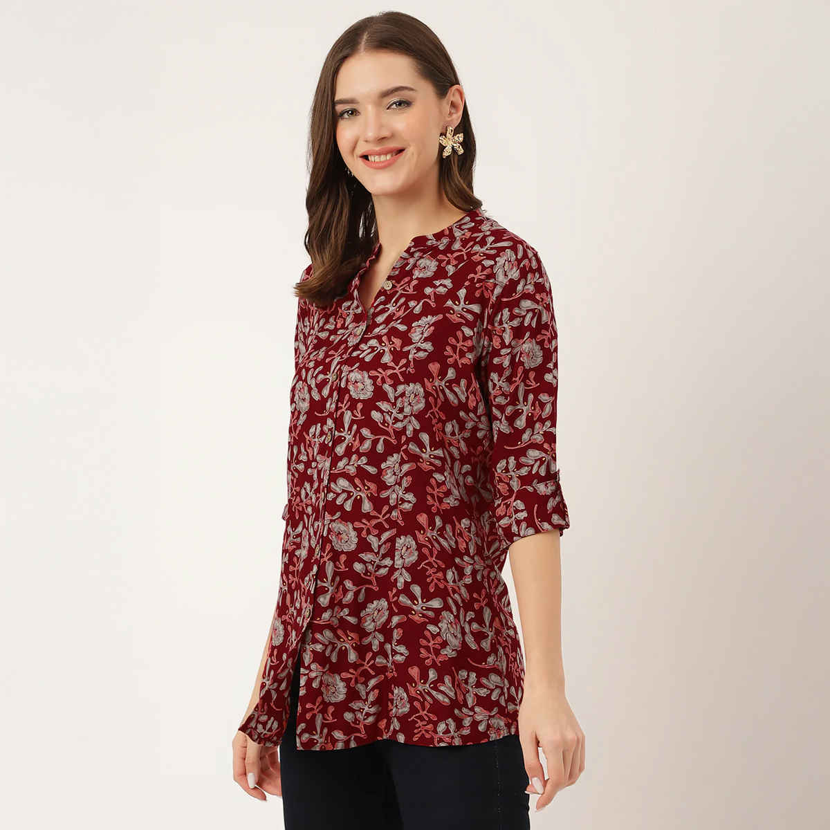 Divena Women's Floral Print Rayon Regular Top | DK1020 1 - Maroon - S