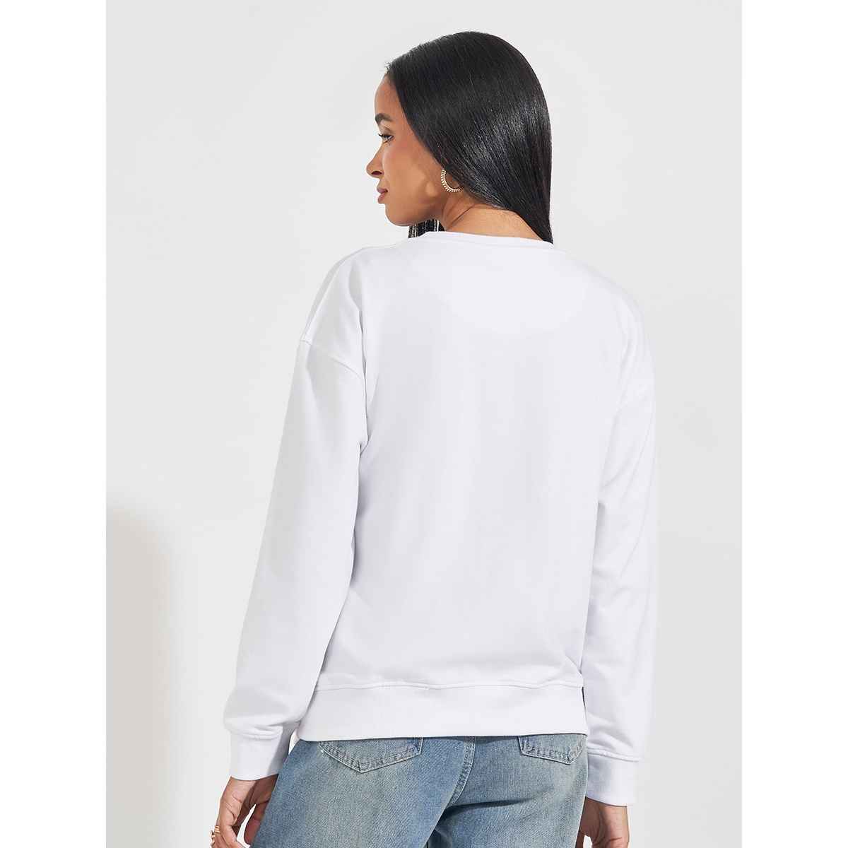 Styli Women Regular Fit Longline Slogan Print Sweatshirt White | XL