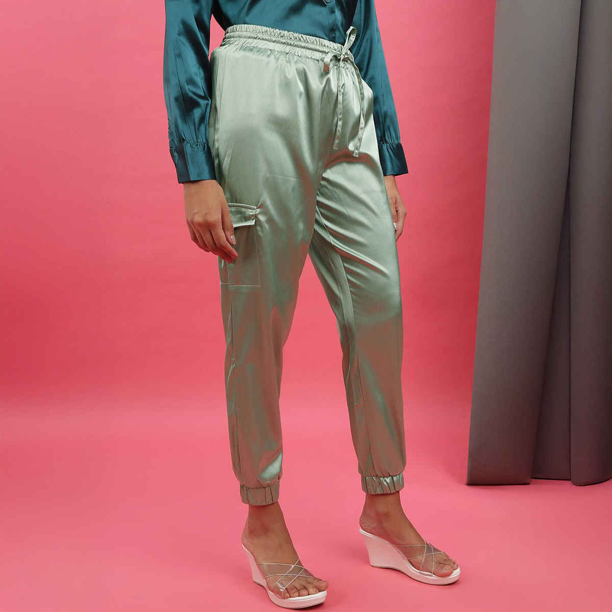 Freehand Women's Casual Cargo Joggers - Sage Green | Solid | Regular Fit | 30