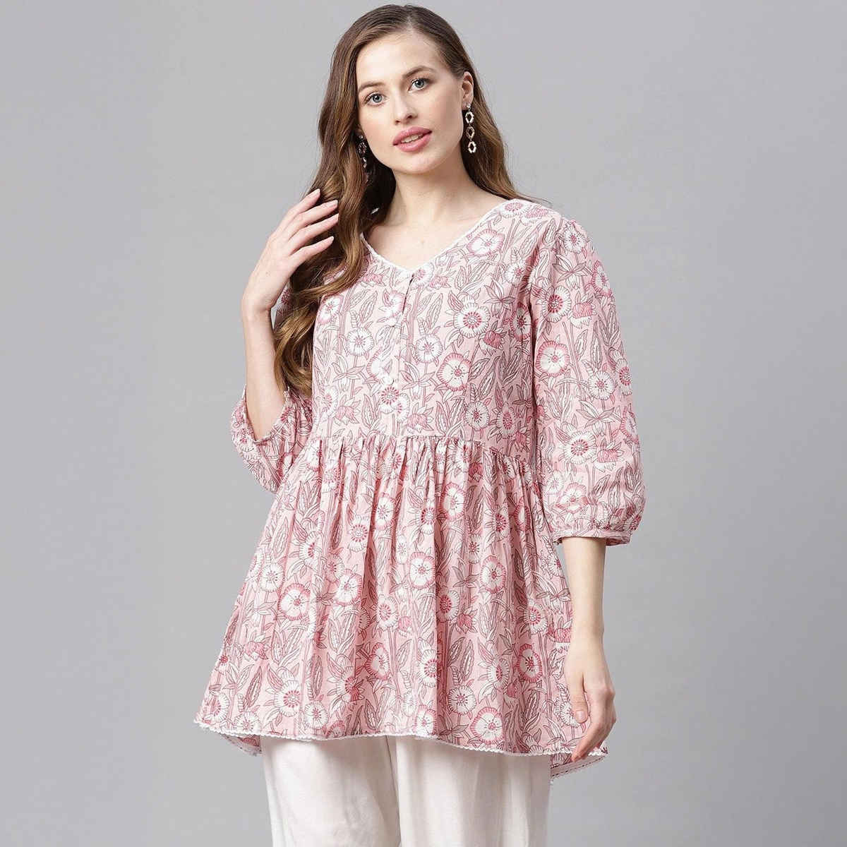 Divena Cotton Peplum Women's Tunic | DK0648 | Baby Pink | L