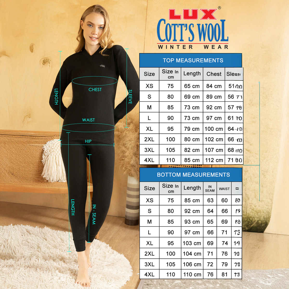 Lux Cottswool Women's Thermal Set For Embrace Warmth and Style Black - 85CM