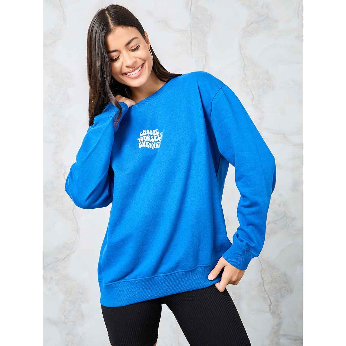 Styli Women's Regular Fit Slogan Print Regular Length Sweatshirt | Blue - S