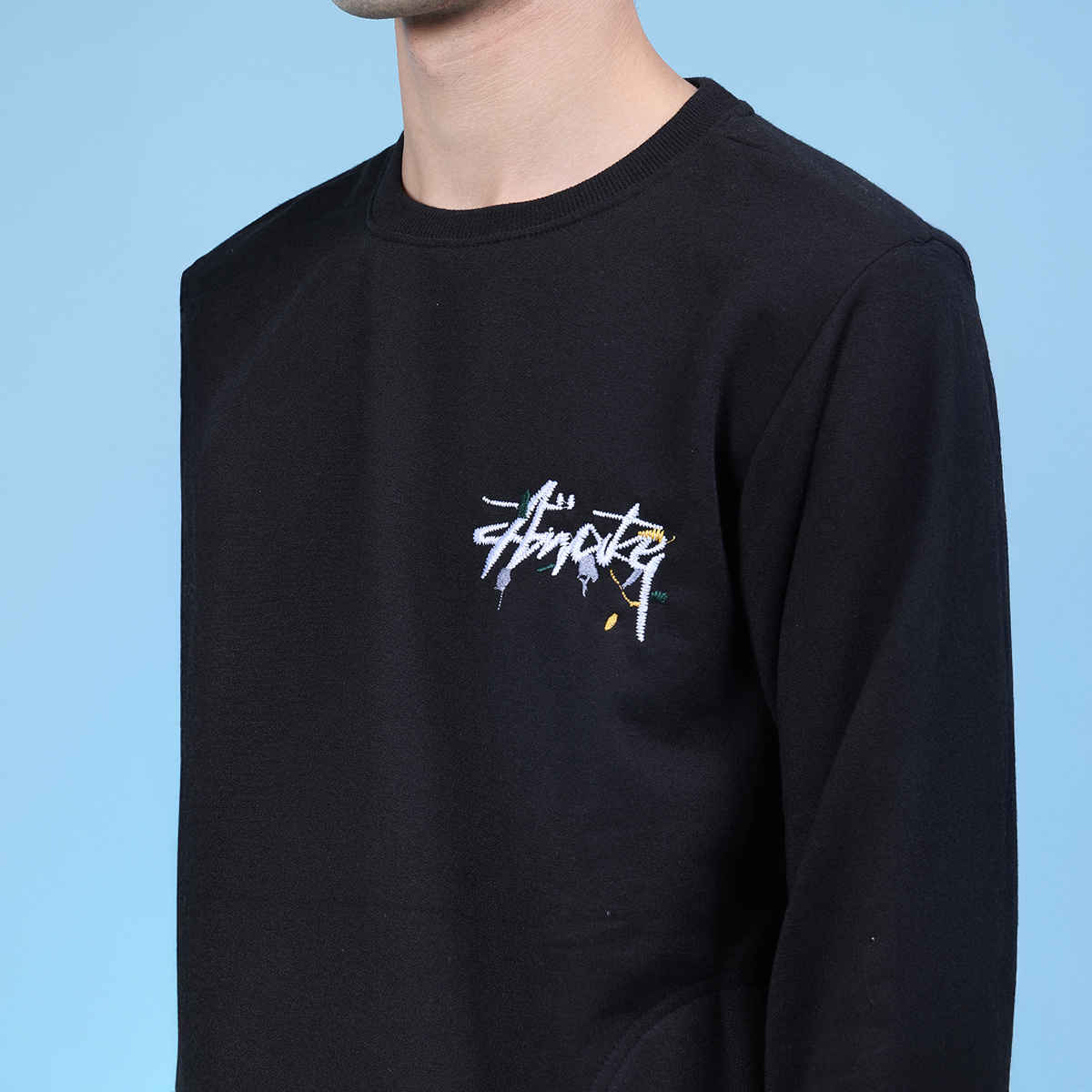 V-Mart Men's Printed Fleece Round Neck Sweatshirt | Black - M