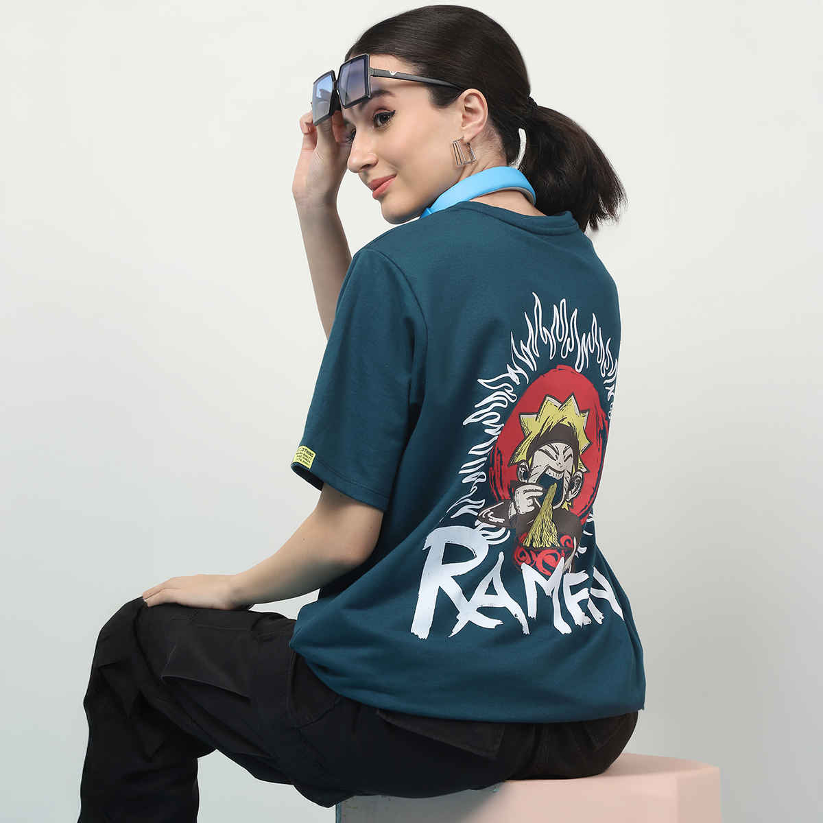 Rigo Women Terry Oversized Printed T-shirt | Teal - S