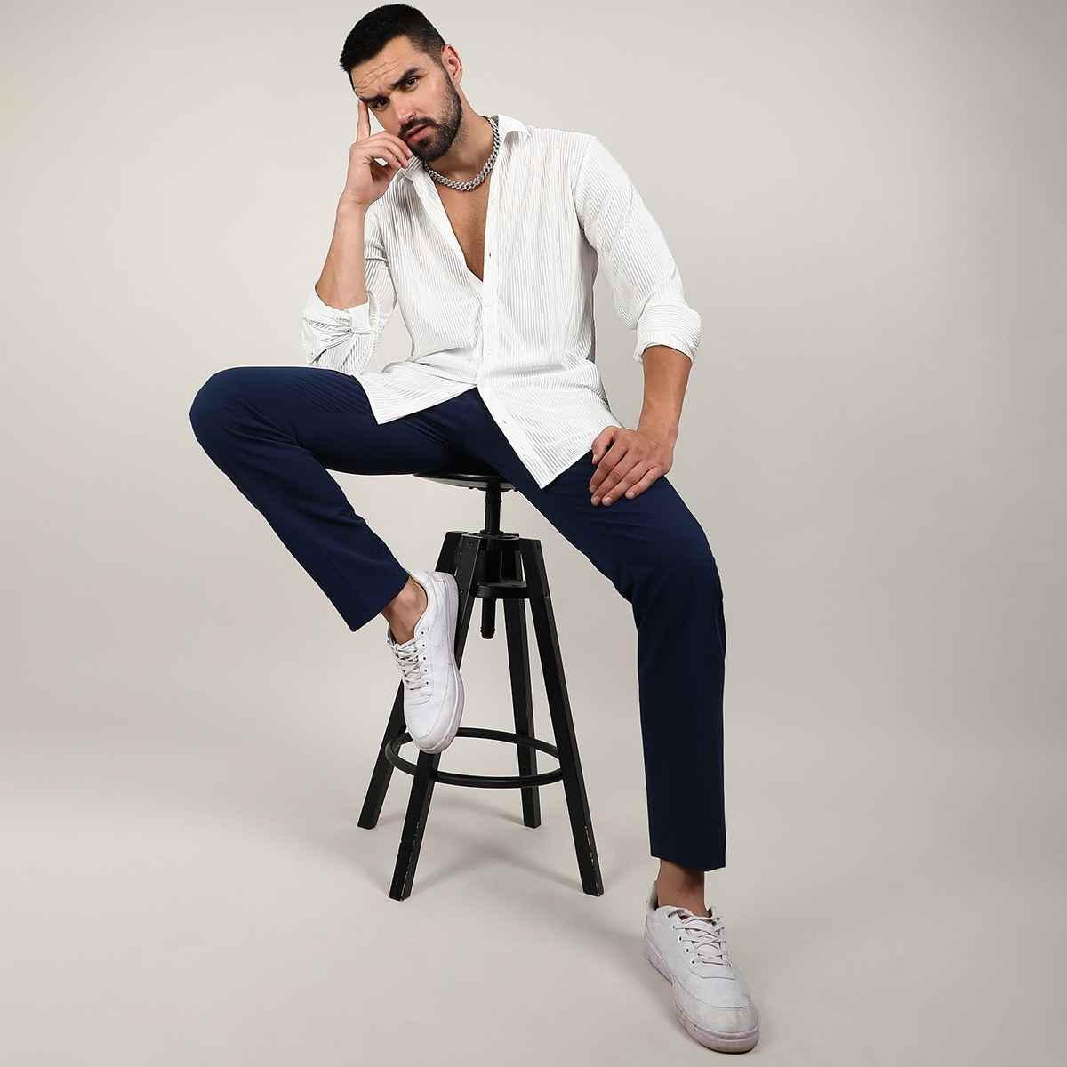 Campus Sutra Men's Pleat - Creased Shirt | White - L
