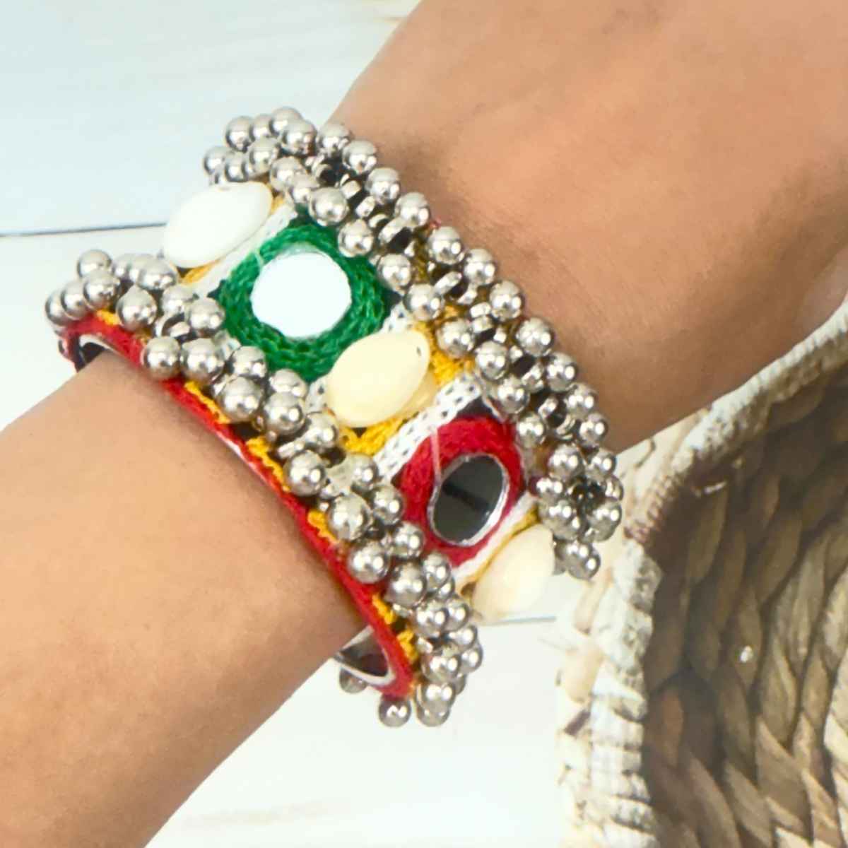 The Opal Factory Thread work Multicolour Flexible Bangle | Mirror and Cowrie work | Ghungroo | Free Size