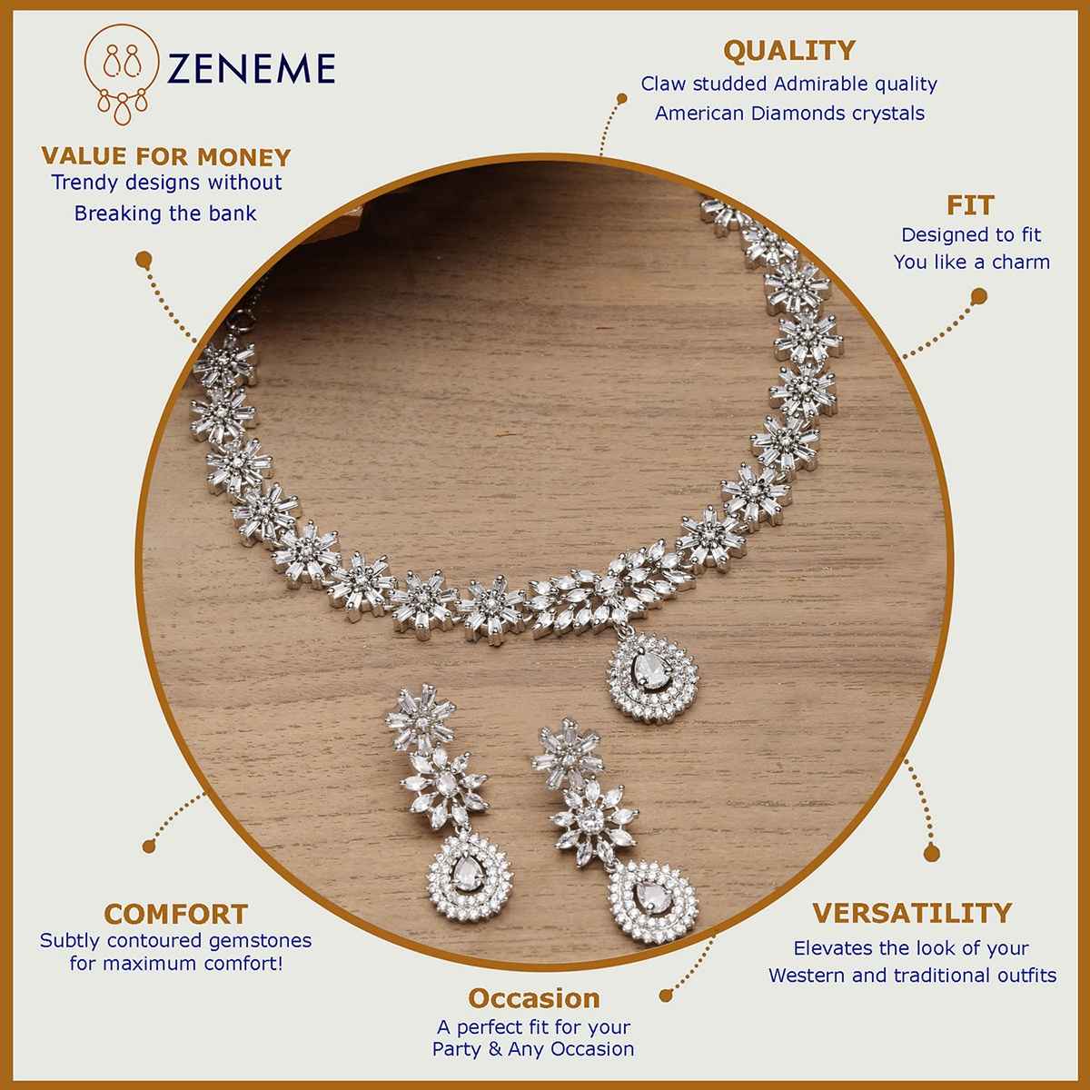 Zeneme Rhodium-Plated Ad Jewellery Set For Women & Girls