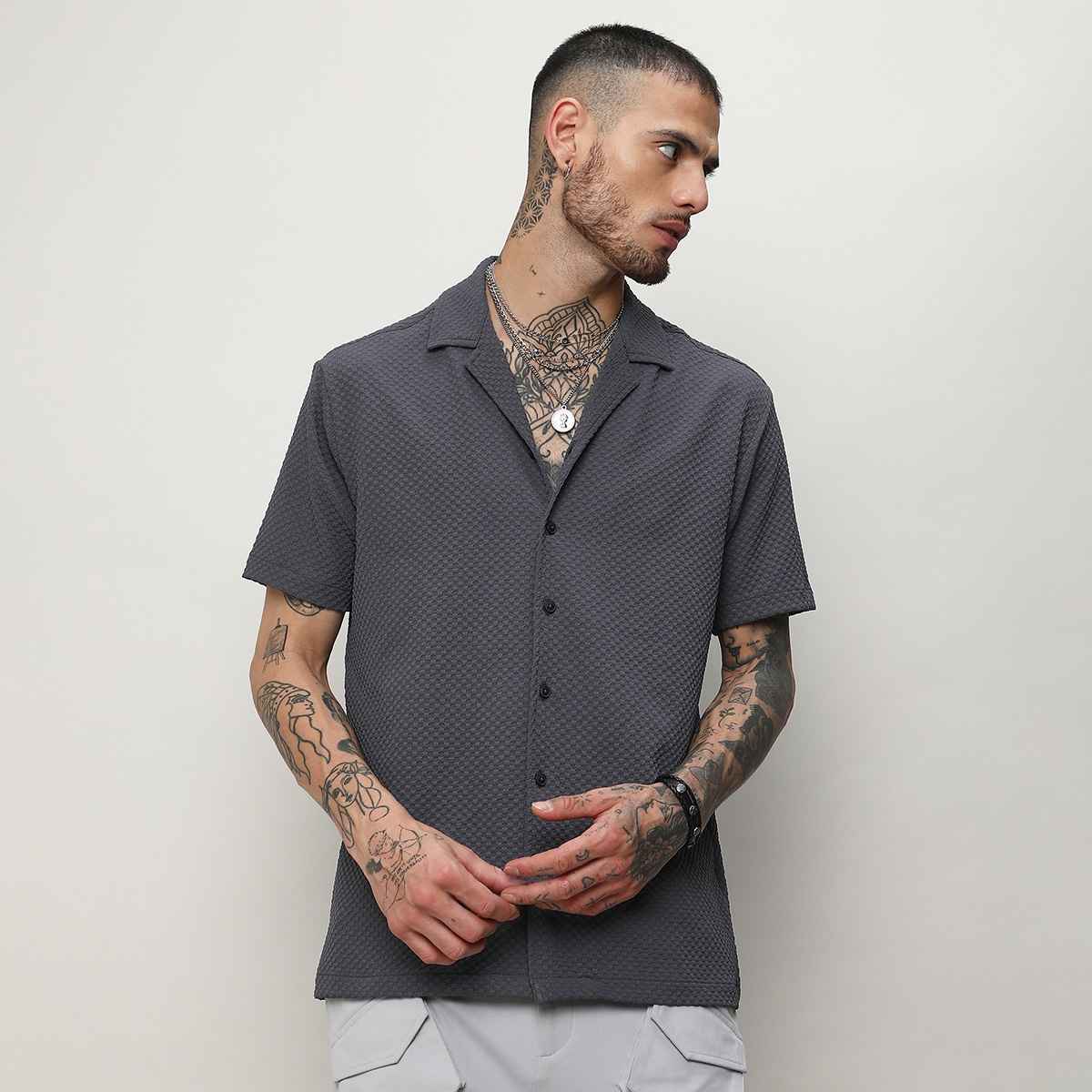 Campus Sutra Men's Self - Design Block Shirt | Grey - XL