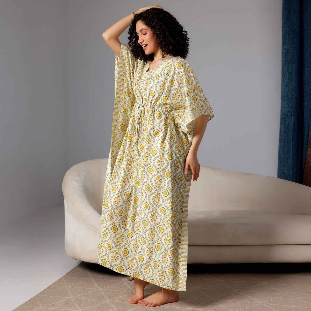 Libas Women's Floral Printed Kaftan With Drawstring and Kimono Sleeves | Yellow White | Onesize