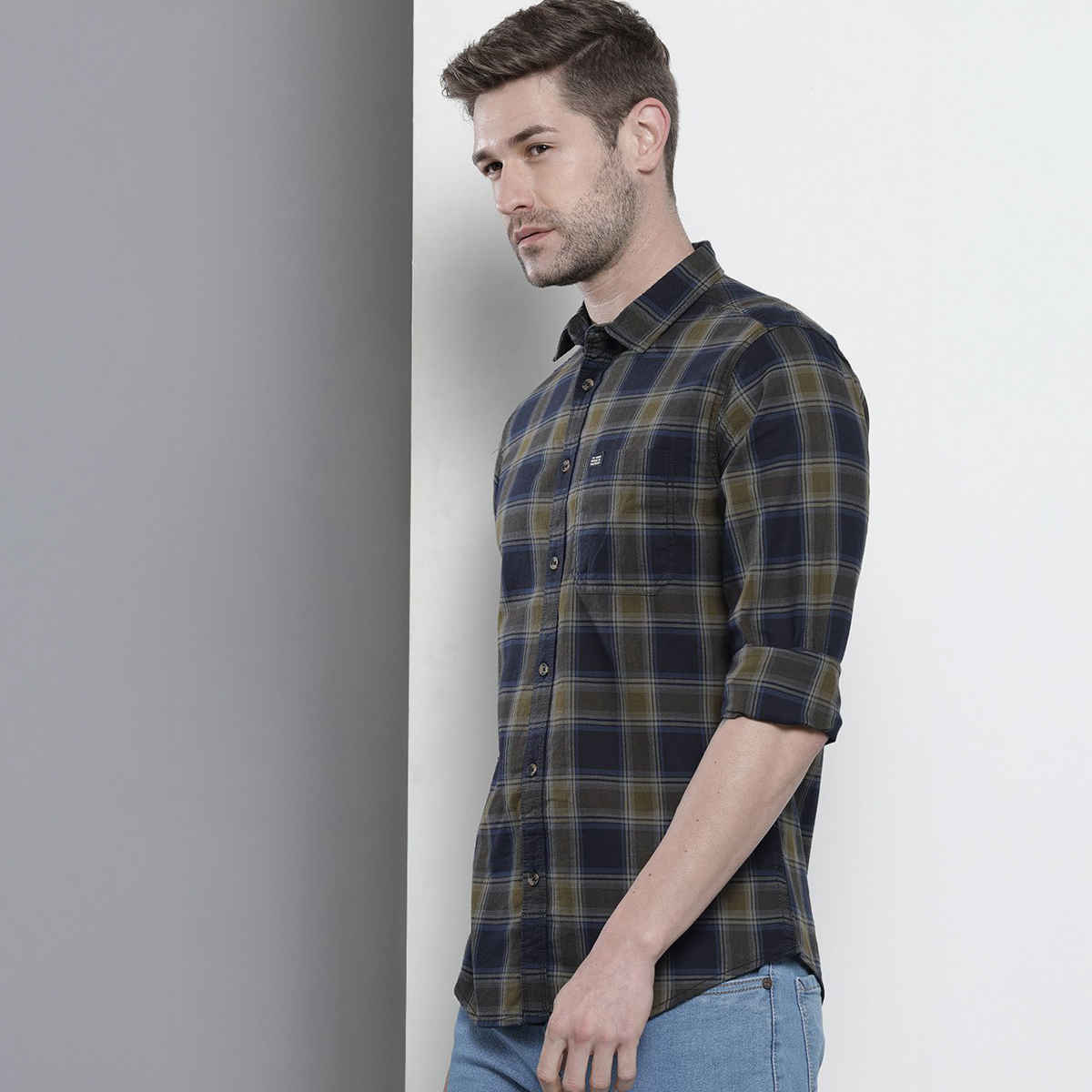 The Indian Garage Co Men's Slim Fit Checkered Casual Shirt | Navy Blue & Green - XL