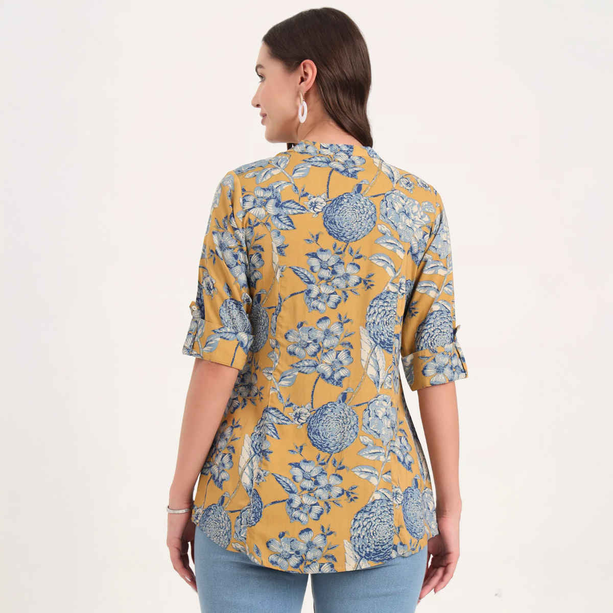 Divena Women's Rayon Rollup Sleeves A-Line Top | DBK1439 | Mustard - S