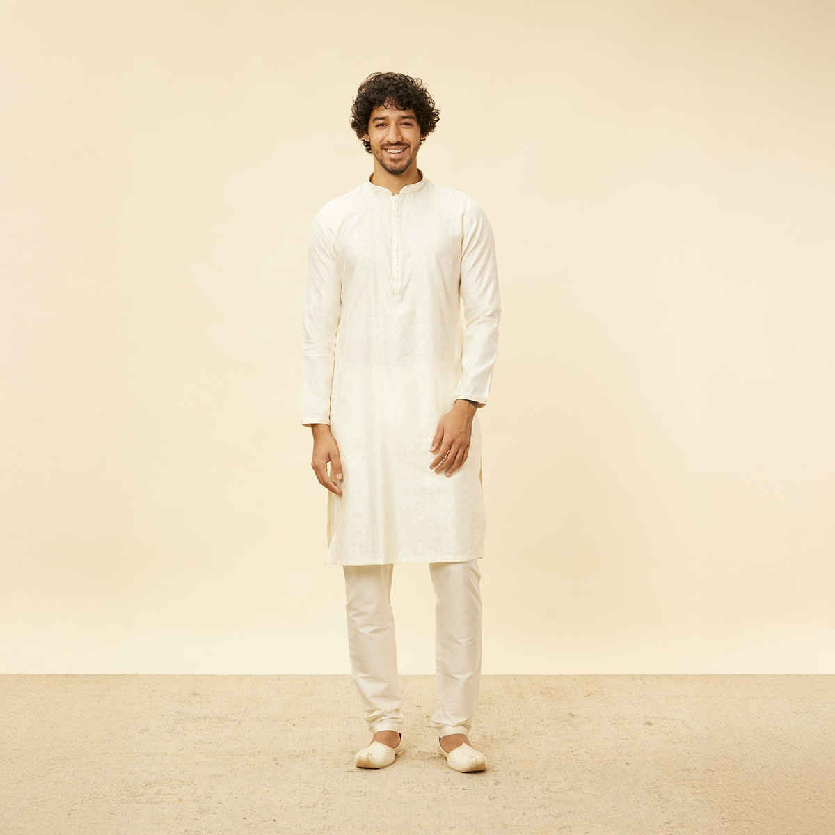 Manyavar Cream Blended Viscose Self Design Kurta Set | XXL