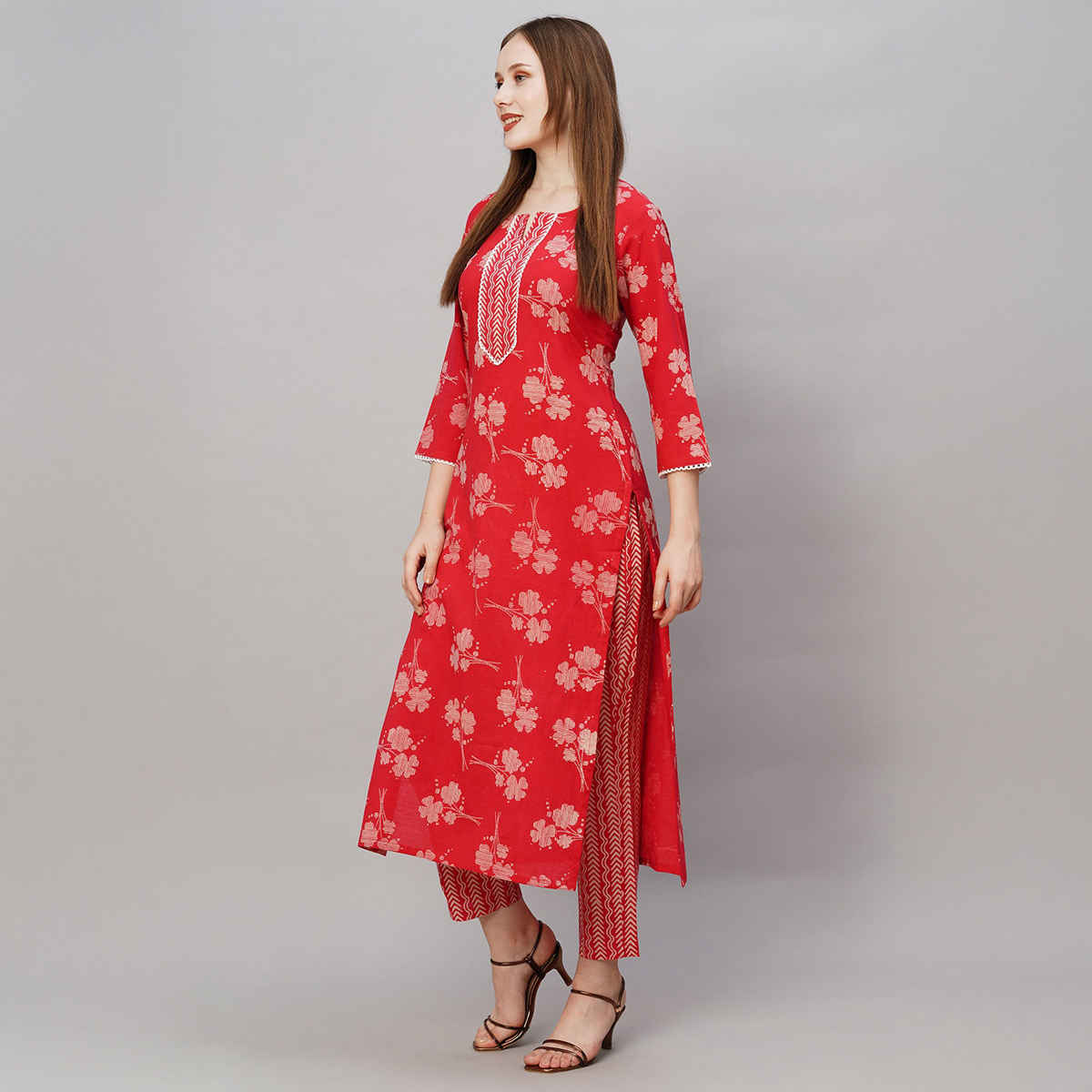 GoSriKi Women's Viscose Rayon Straight Printed Kurta with Pant | Red - S
