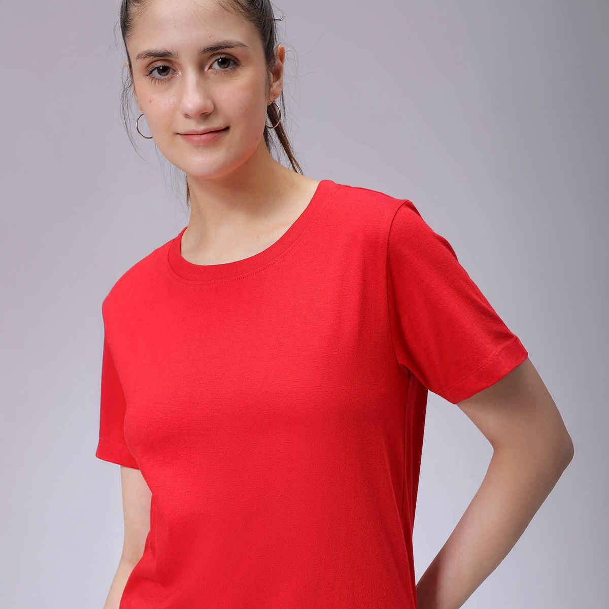 Freehand Women's Regular Solid Casual Crew Neck T-shirt | 0424-Zfhcntee3-02 | Crimson Red - XL