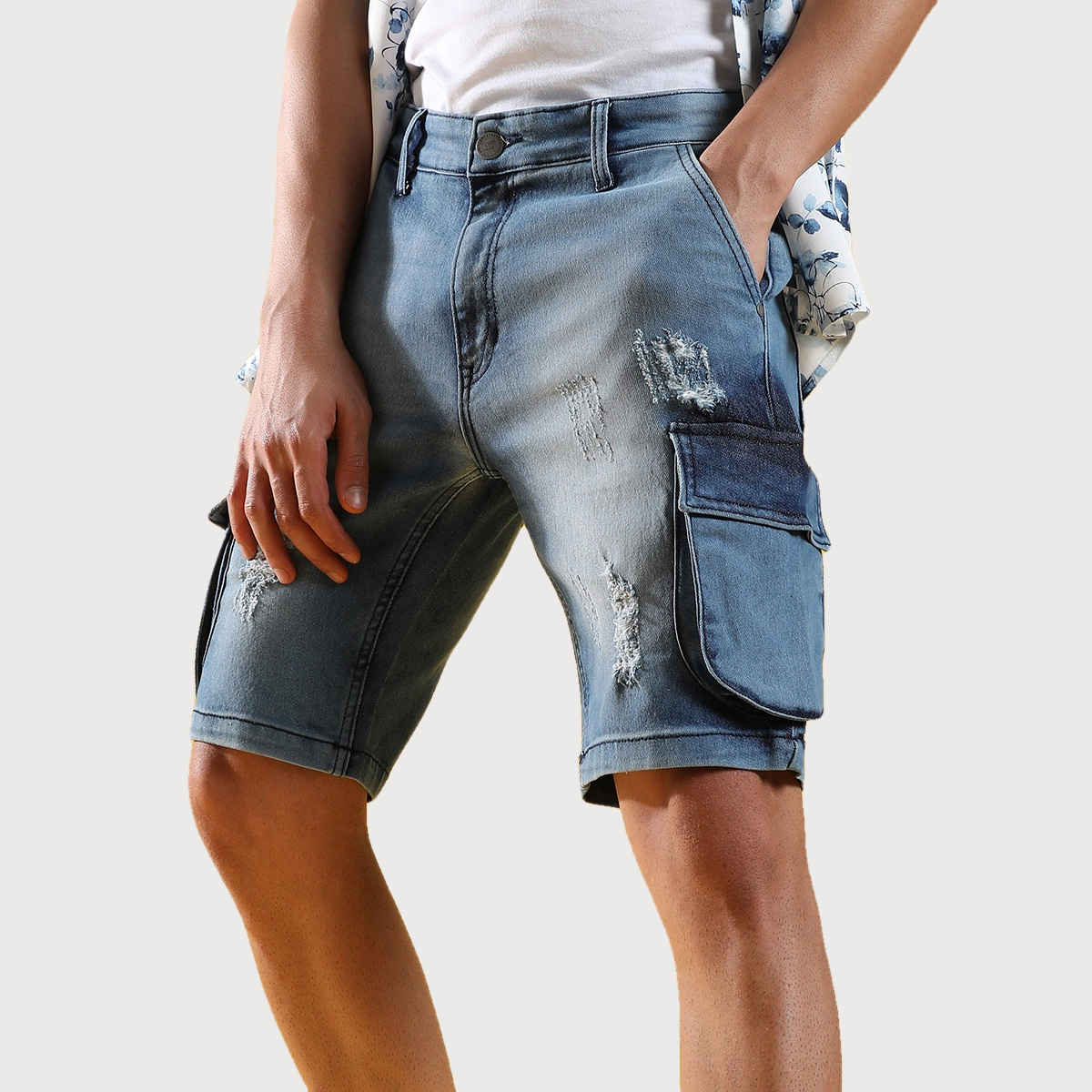 Campus Sutra Men's Distressed Cargo Denim Shorts | Blue - 28