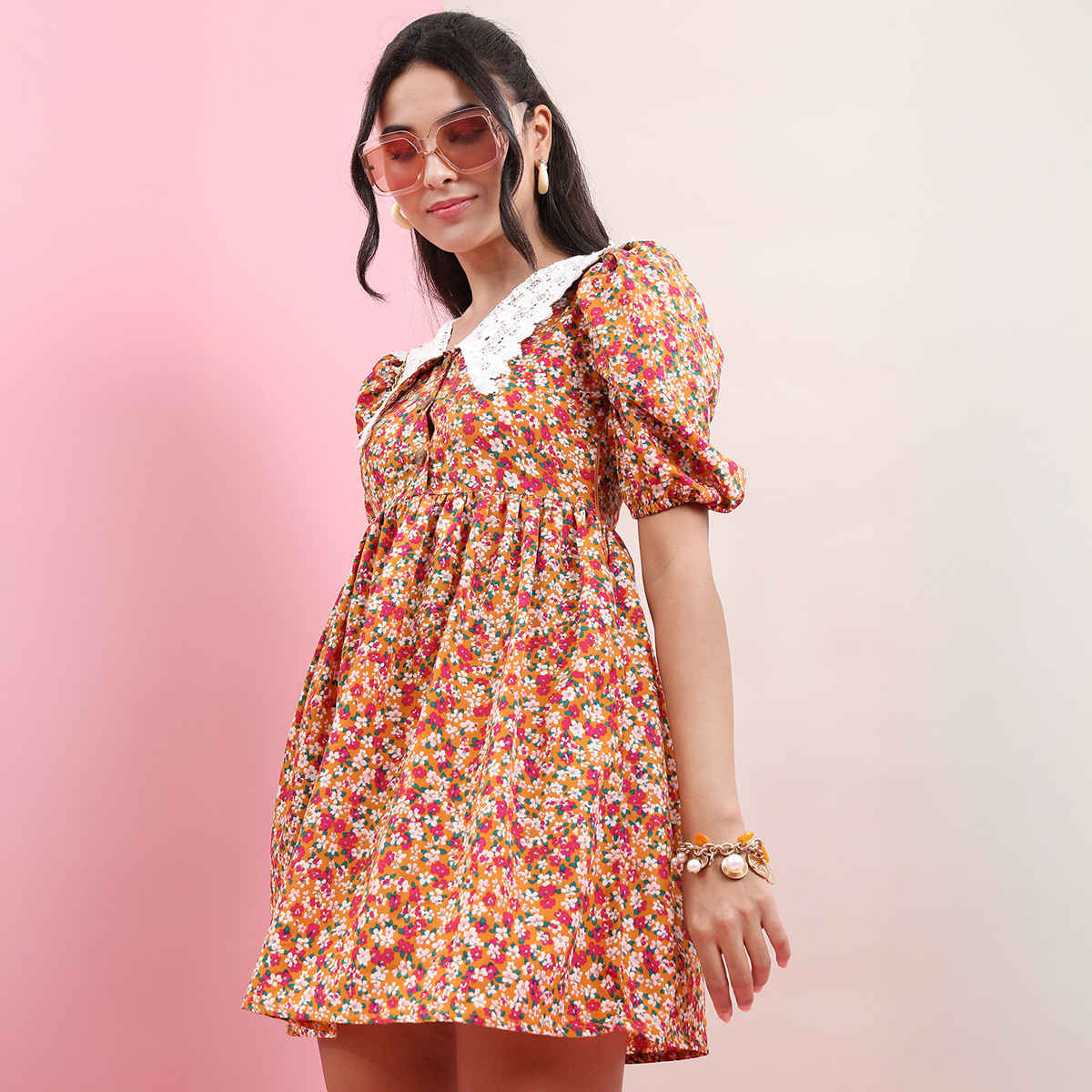 Tokyo Talkies Women's A-Line Mini Dress | Mustard - S