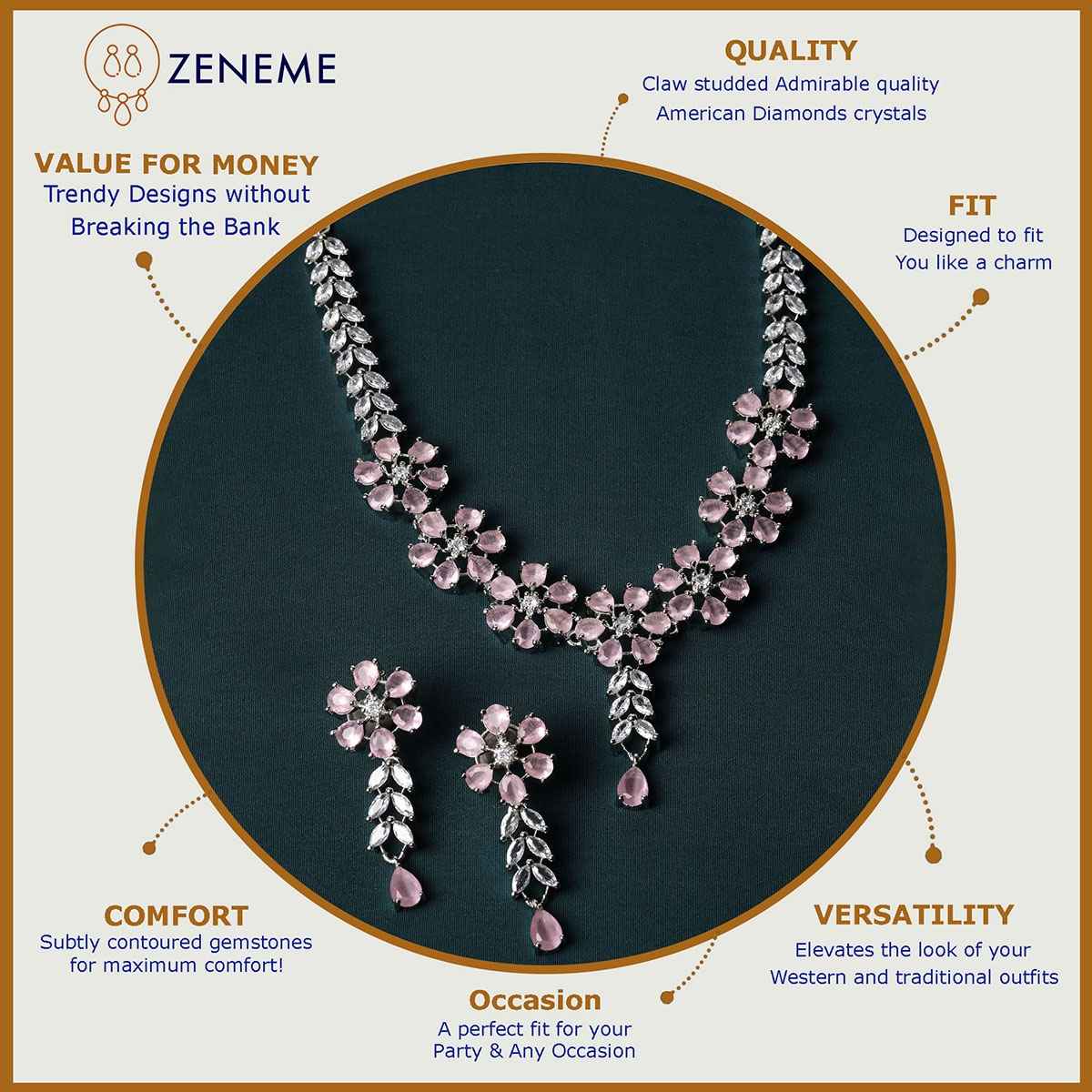 Zeneme Rhodium-Plated Pink American Diamond Necklace Earrings Jewellery Set for Women & Girls