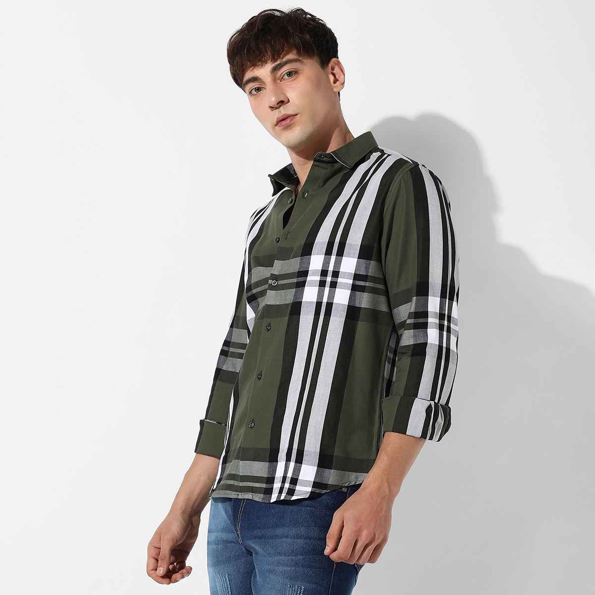 Campus Sutra Men's Tartan Plaid Shirt | Dark Green - L