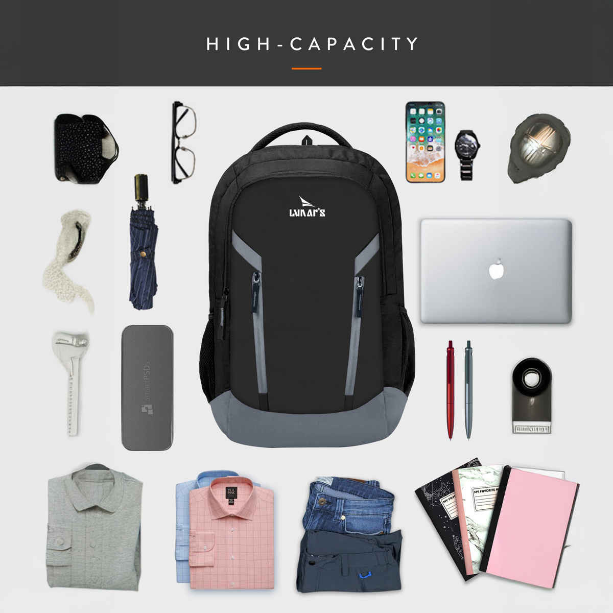 Lunar's Unisex Polyester 48 L Laptop Backpack | Black and Grey