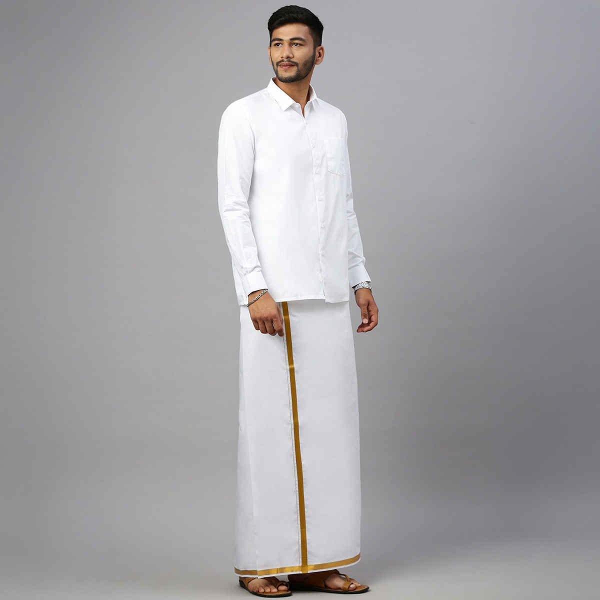 Ramraj Cotton Men's White Dhoti / Mundu / Veshti with Golden Zari Border | Free Size