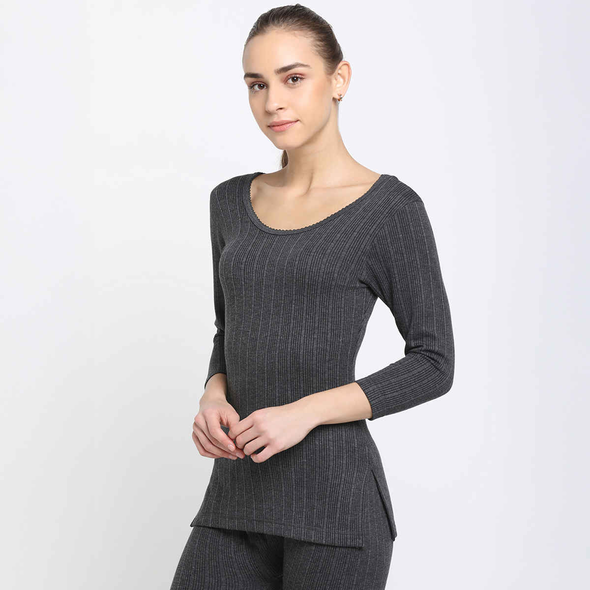 Dixcy Scott Slimz Women's Round Neck 3/4Th Regular Fit Thermal Top | Charcoal Melange - M
