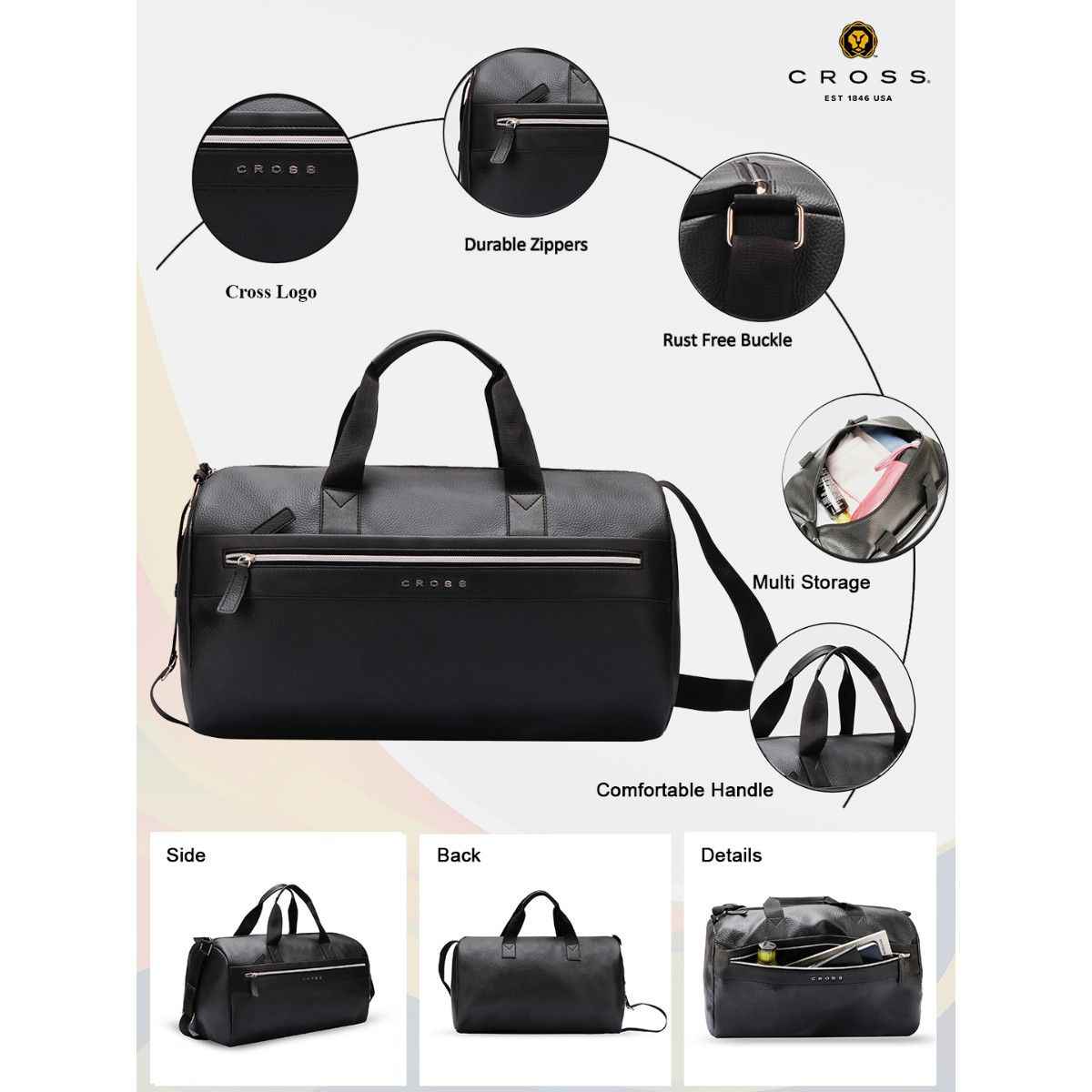 Cross Unisex Solid Vegan Leather 24 L Top Handle Duffle Bag | Black