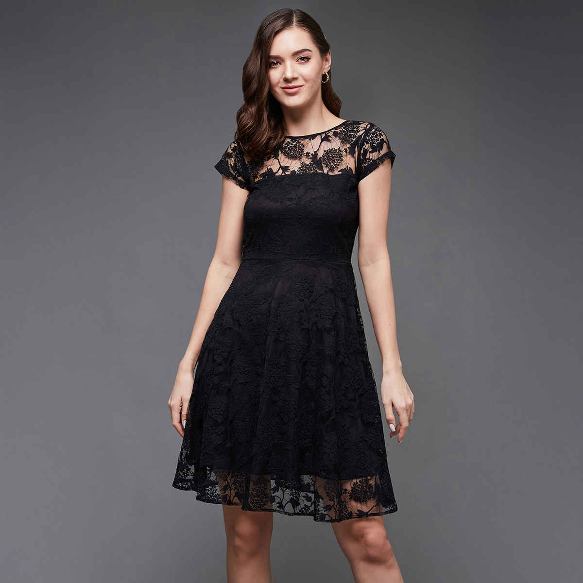 Miss Chase Women's Neck Full Sleeve Bodycon Knee Length Dress | Black -M