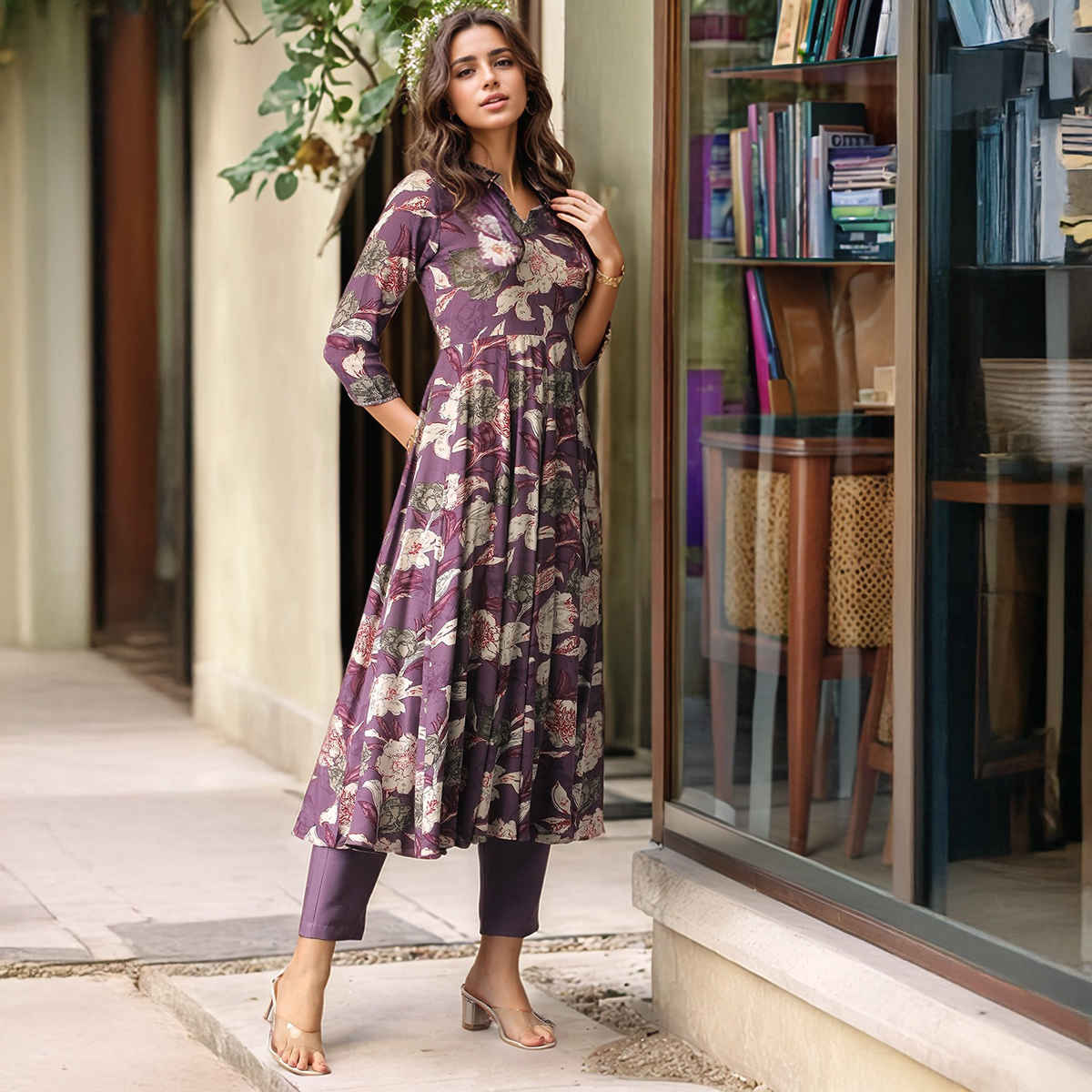 GoSriKi Women's Viscose Rayon Anarkali Printed Kurta with Pant | DAMIAN | Purple - L