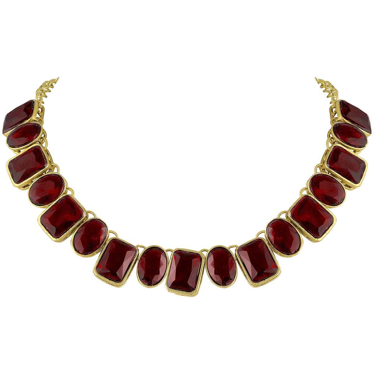 Peora Gold Plated Maroon Crystal Necklace Set with Drop Earrings, Bracelet, and Finger Ring