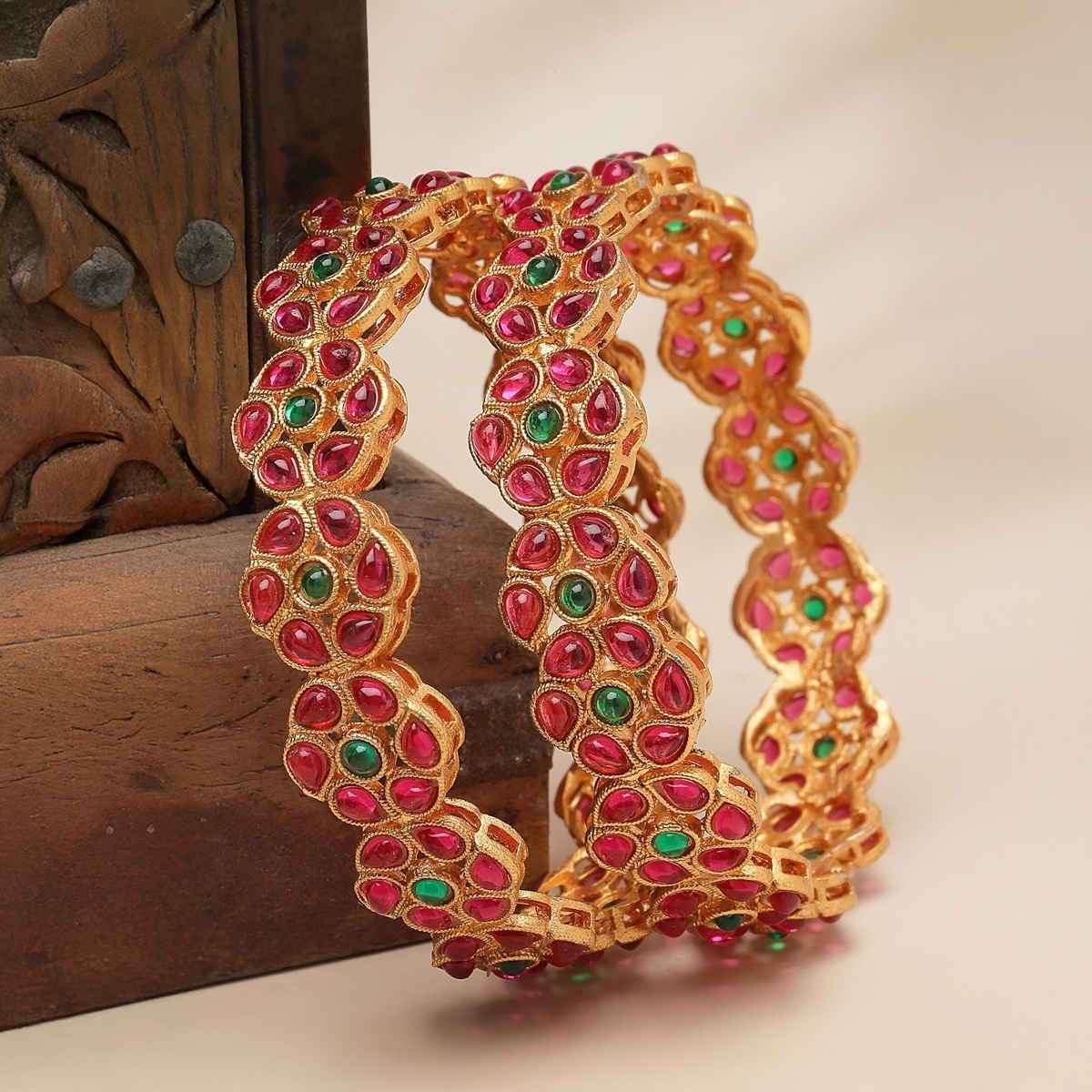 Sukkhi Floral Gold Plated Red And Green Broad Bracelets Bangle Set Jewellery for Women - 2.6