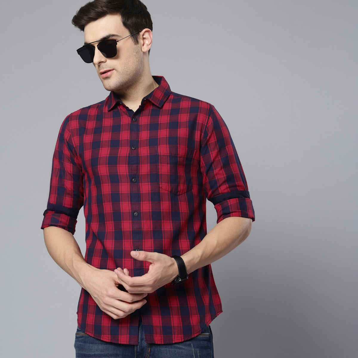 Dennis Lingo Men's Checkered Slim Fit Casual Shirt | Red | S