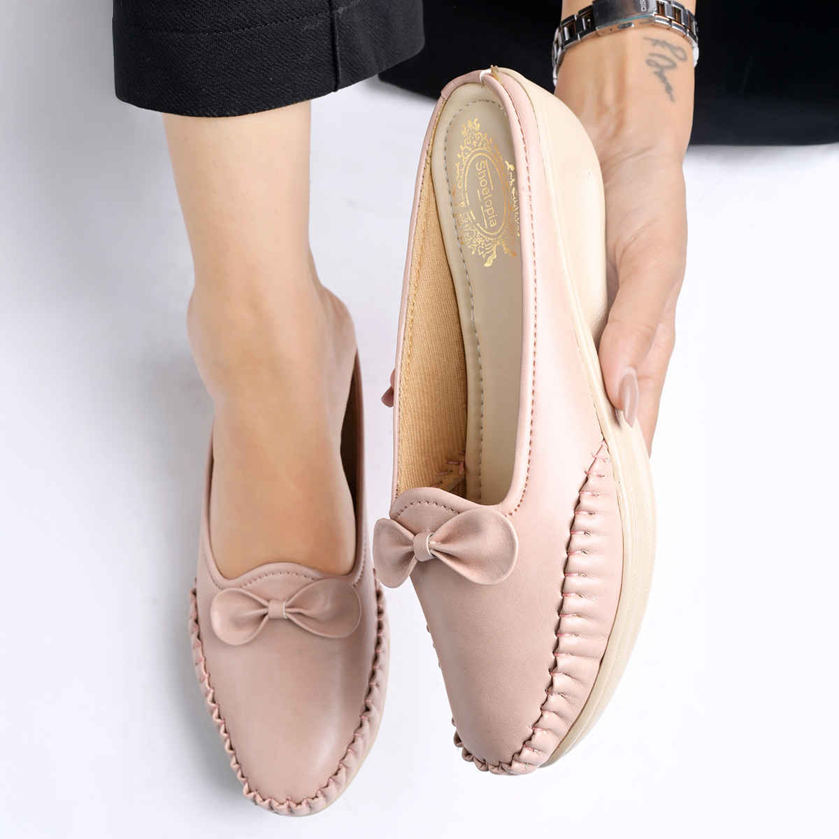 Shoetopia Upper Bow Detailed Peach Slip-On Loafers For Women | UK 6