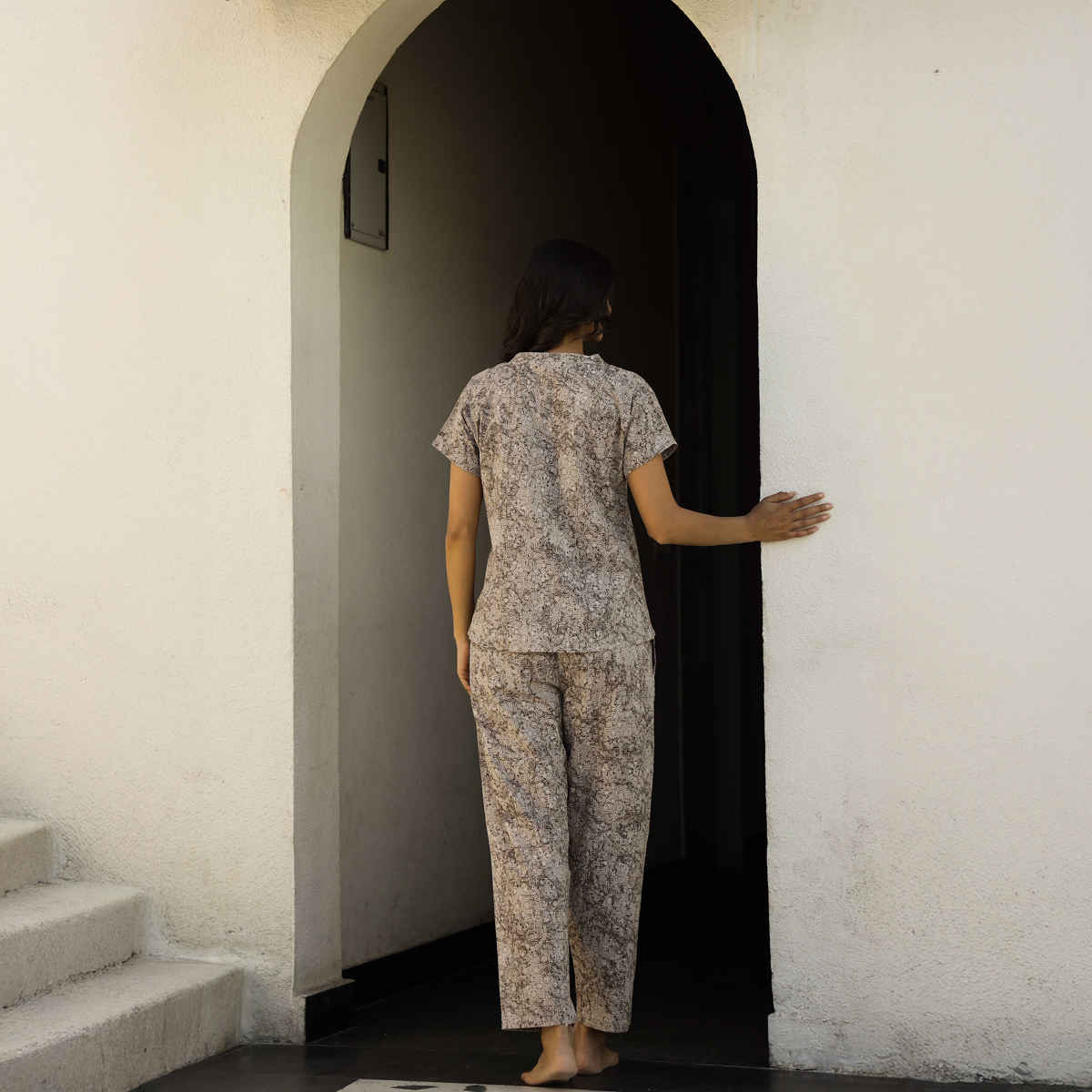 Sanskrutihomes Women's Printed Pure Cotton Night Suit | Grey - L