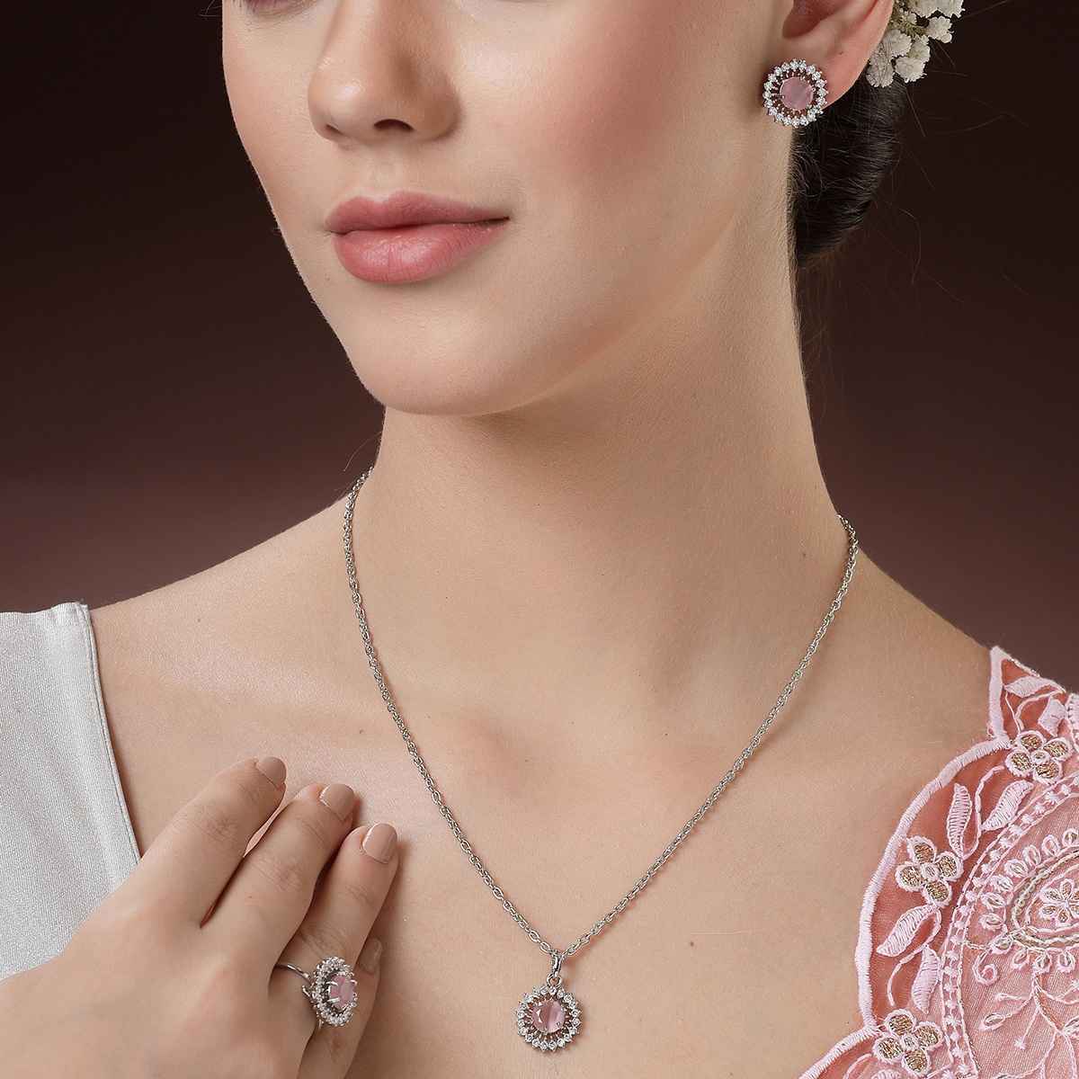 Zeneme Rhodium-Plated Pink AD Crystal Round Necklace Earrings Ring For Women & Girls