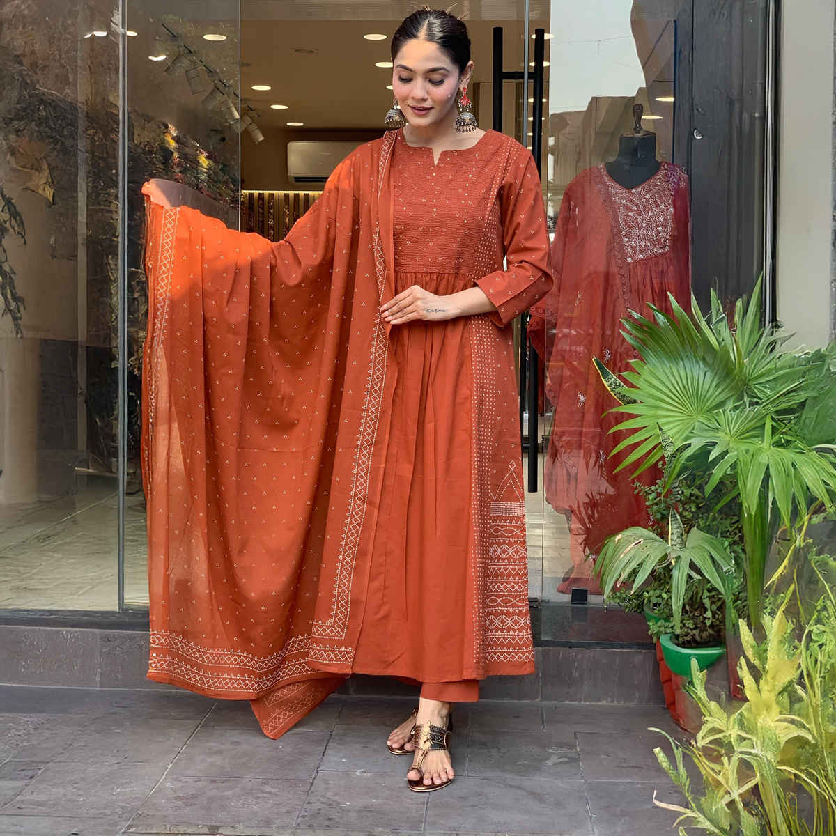 GoSriKi Women's Viscose Rayon Anarkali Printed Kurta with Pant & Dupatta | HAMLET | Orange - S