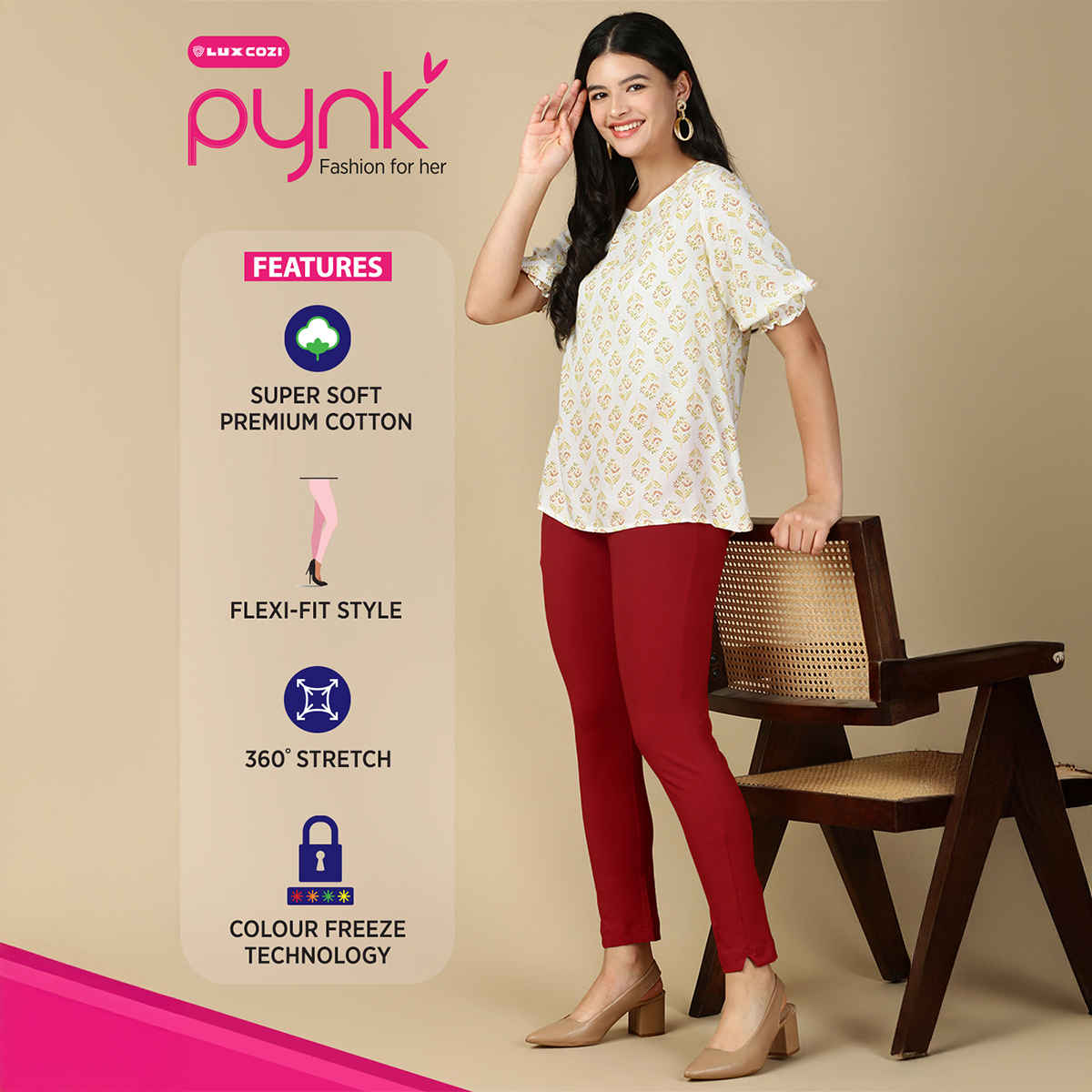 PYNK By Lux Cozi Women's Premium Modern Kurti Pants | Parry Red | Free Size