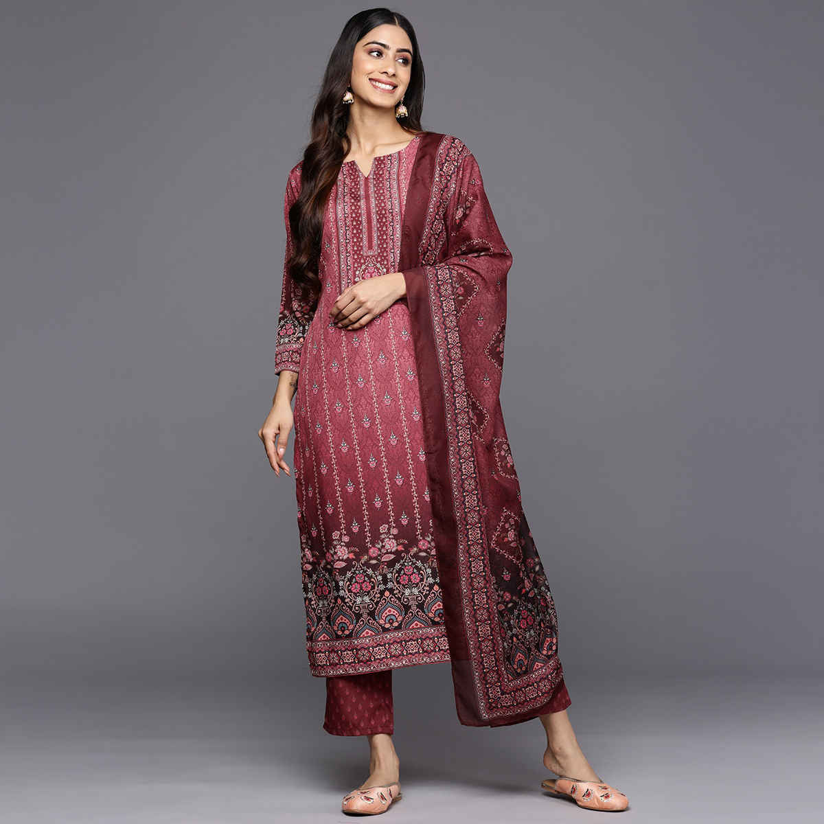Libas Printed Crepe Straight Kurta With Trousers & Dupatta | 34215R | Maroon - M