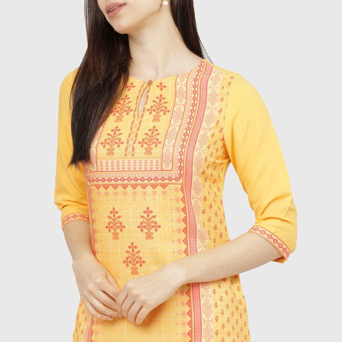 Ketch Women Ethnic Motifs Printed Keyhole Neck Kurta | Pink and Yellow | L