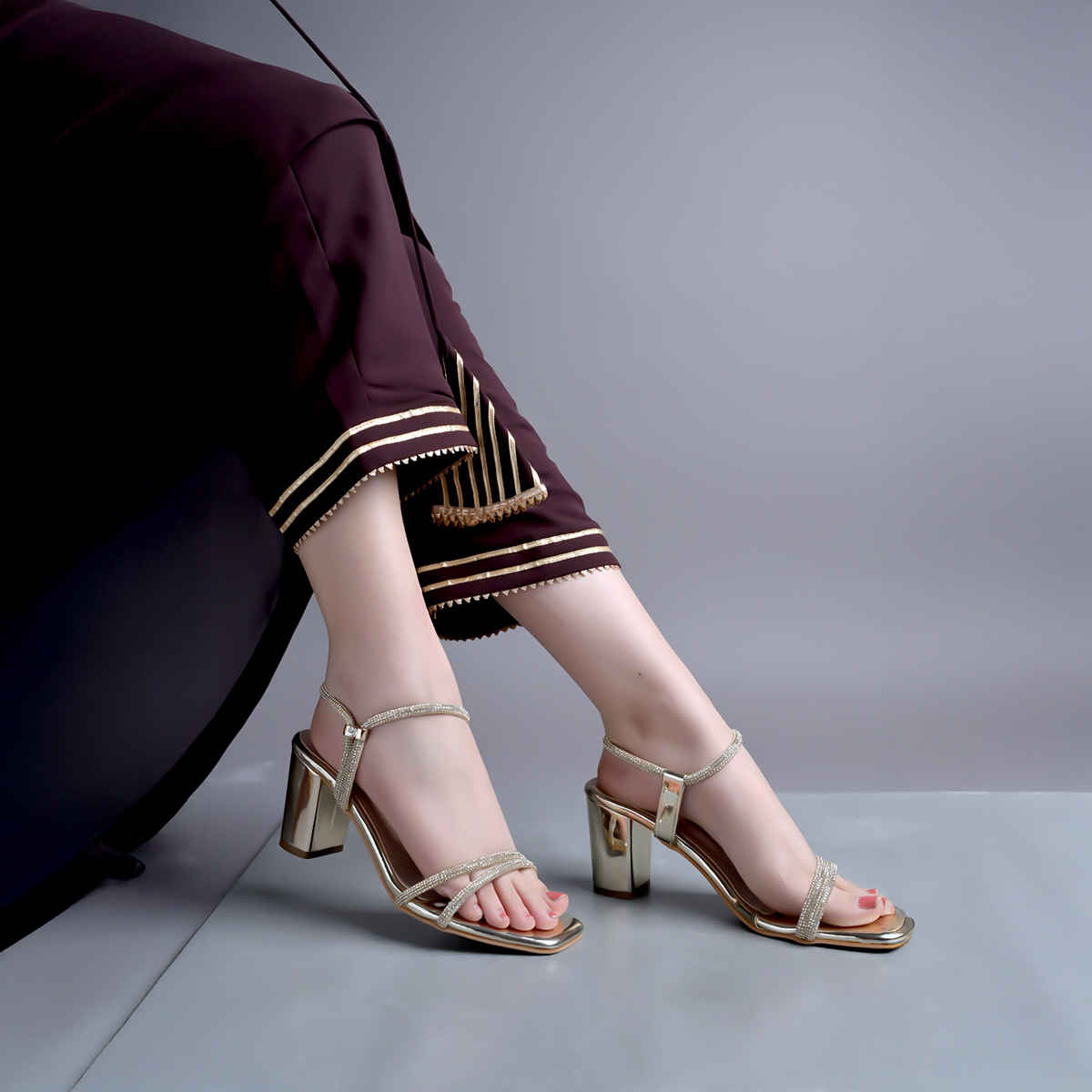 Shoetopia Women's Embellished Rhinestones Strap Heels | Heel-1246 | Golden - UK 5