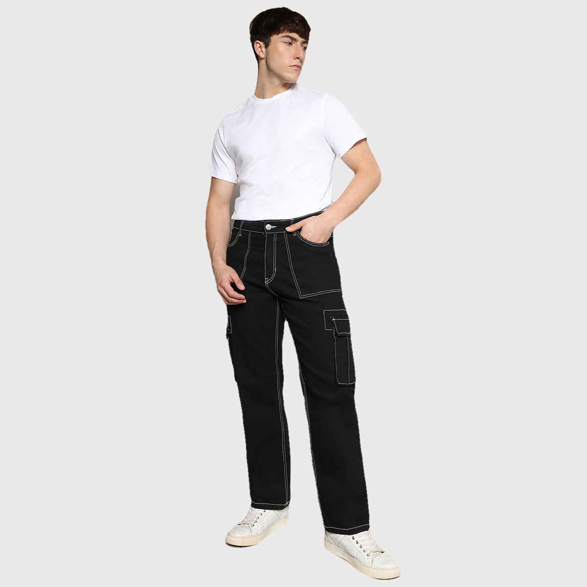 Campus Sutra Men's Contrast Stitched Cargo Denim Jeans | Black - 34