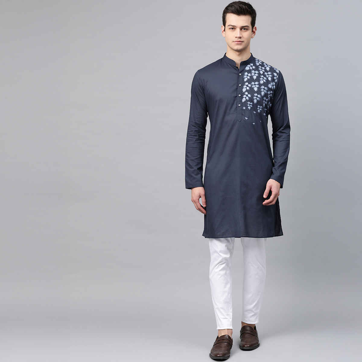 See Designs Men's Embroidered Straight Kurta | Navy Blue - XL