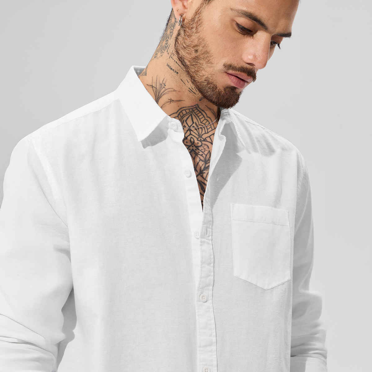 The Souled Store Men's Regular Pearl White Cotton Linen Shirts | White | S