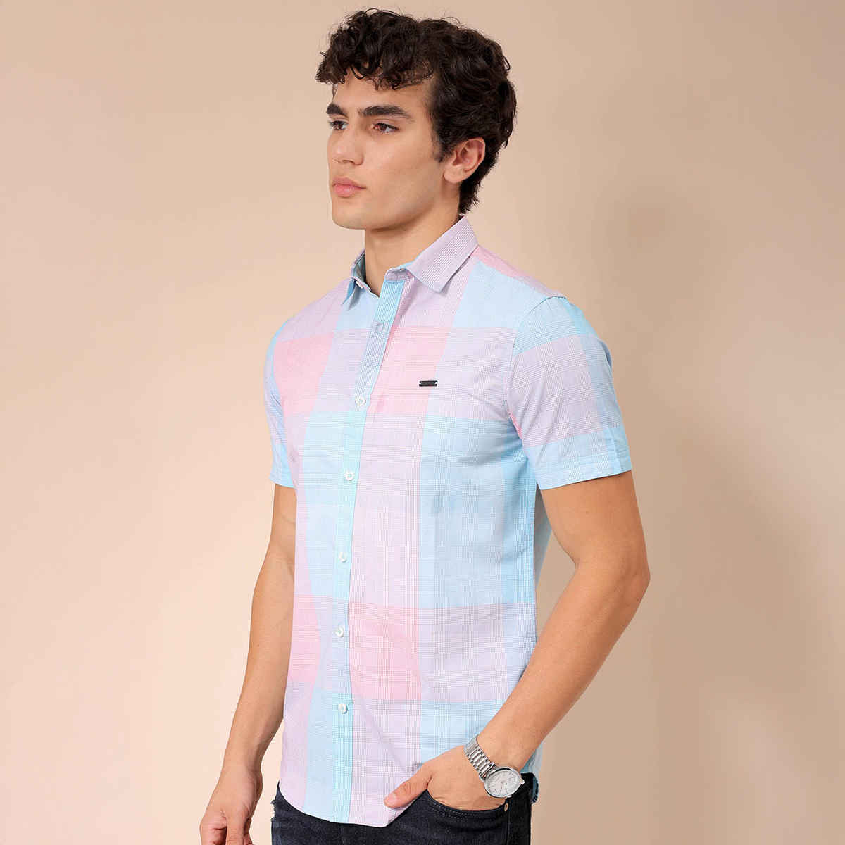 The Indian Garage Co Men's Slim Fit Checked Casual Shirt | Blue & Pink - XL