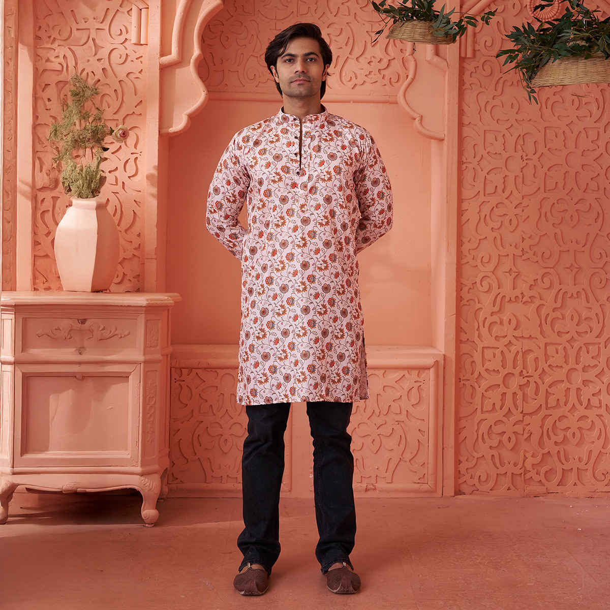 House Of Festivals Men's Printed Cotton Blend Long Kurta | Cream - M