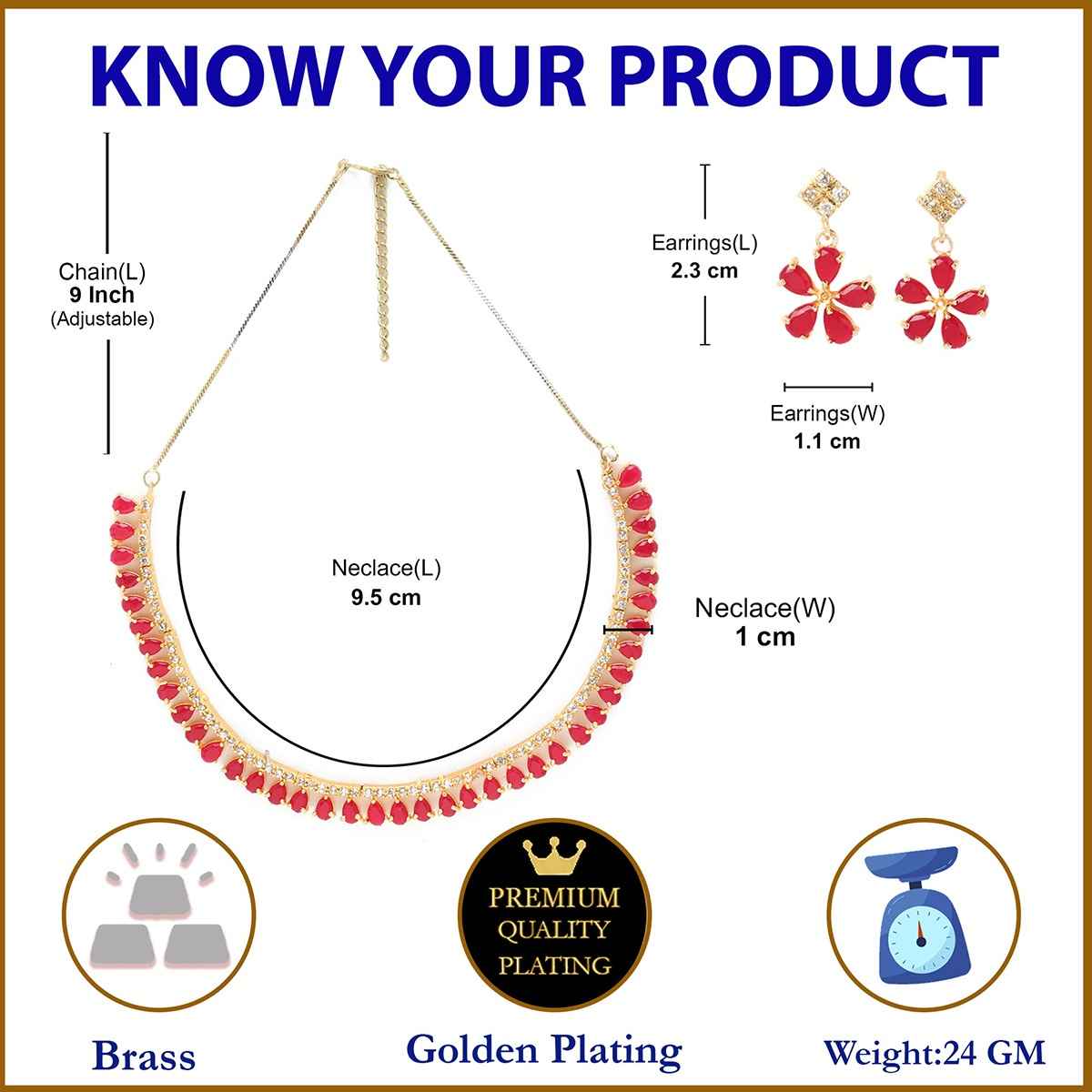 Zeneme Gold-Plated Red American Diamond Studded Necklace With Earring Set For Women & Girls