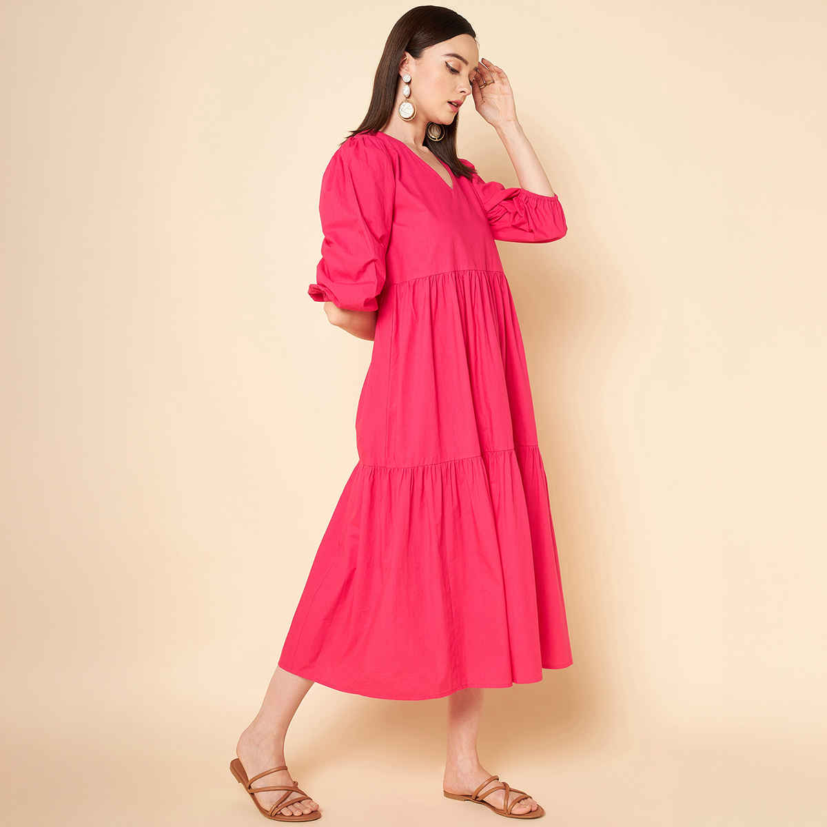 High Star Women Pink V-Neck Puff Sleeve Fit & Flare Midi Dress (Size-M)