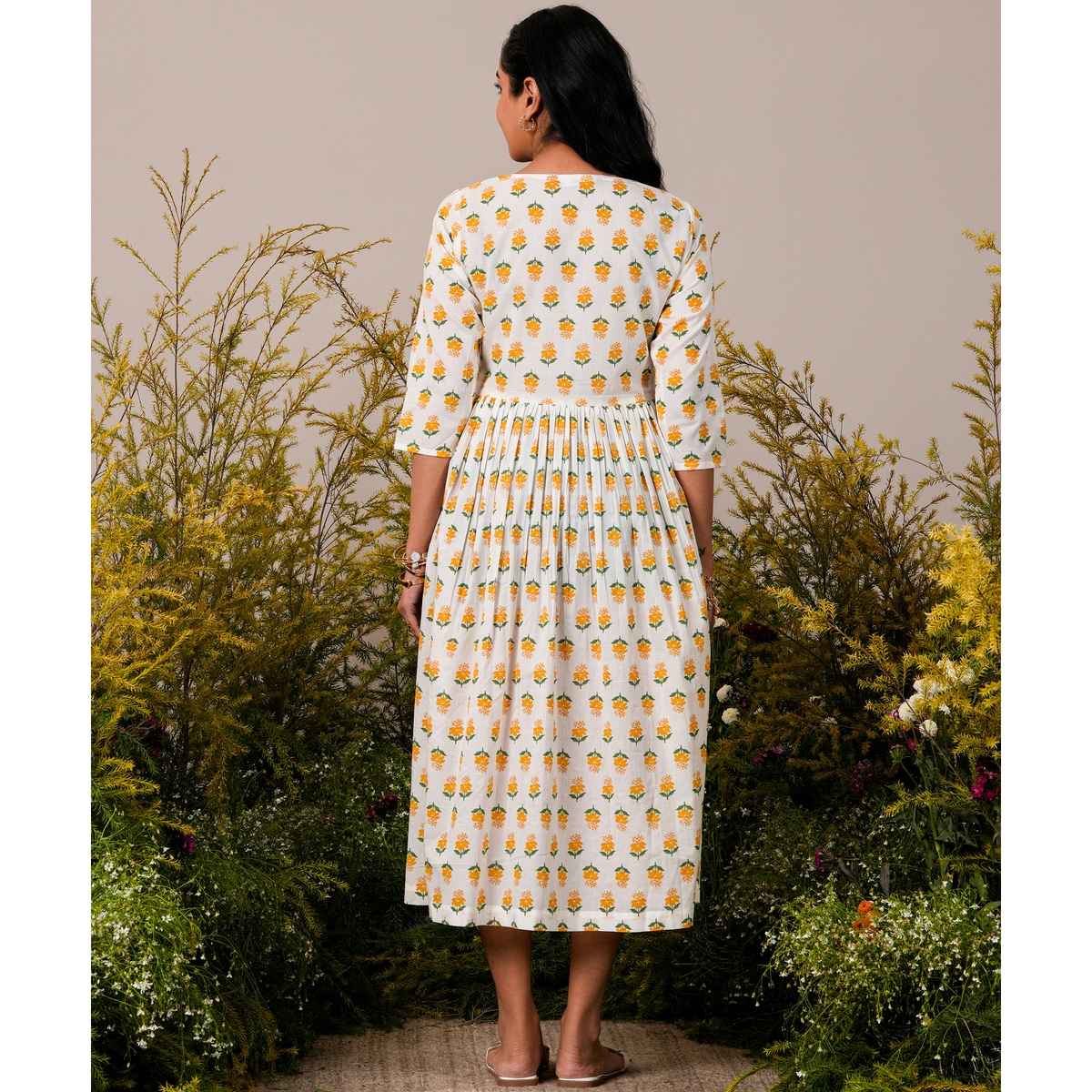 Libas Floral Printed Women's Dress With Embroidered Yoke & Pleated Style | Mustard White | XL