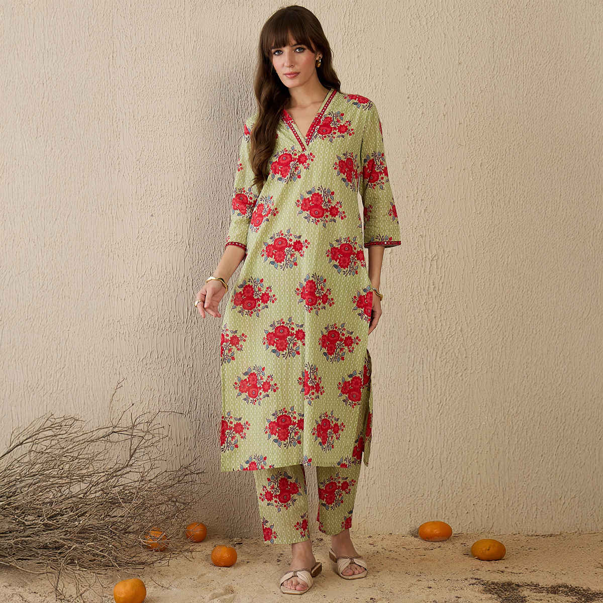 INDO ERA Women's Printed Straight Kurta Pant Set | KS0GN10047 | Green - XL
